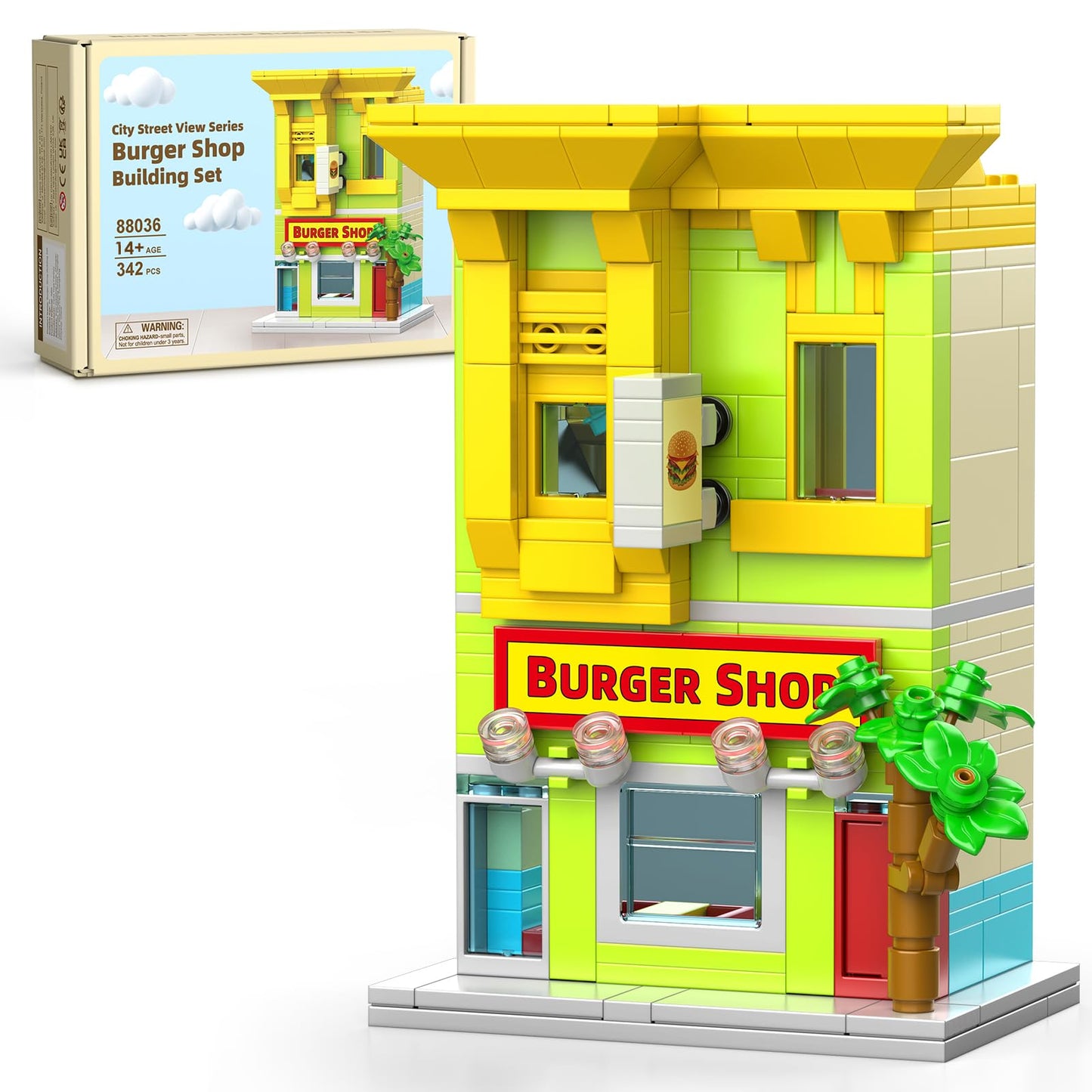 City Burger Shop Building Set, Tiny House Building Blocks Decor Model Kit, MOC Street View House for Adults Teens Age 14+, TV Fans (342 PCS)