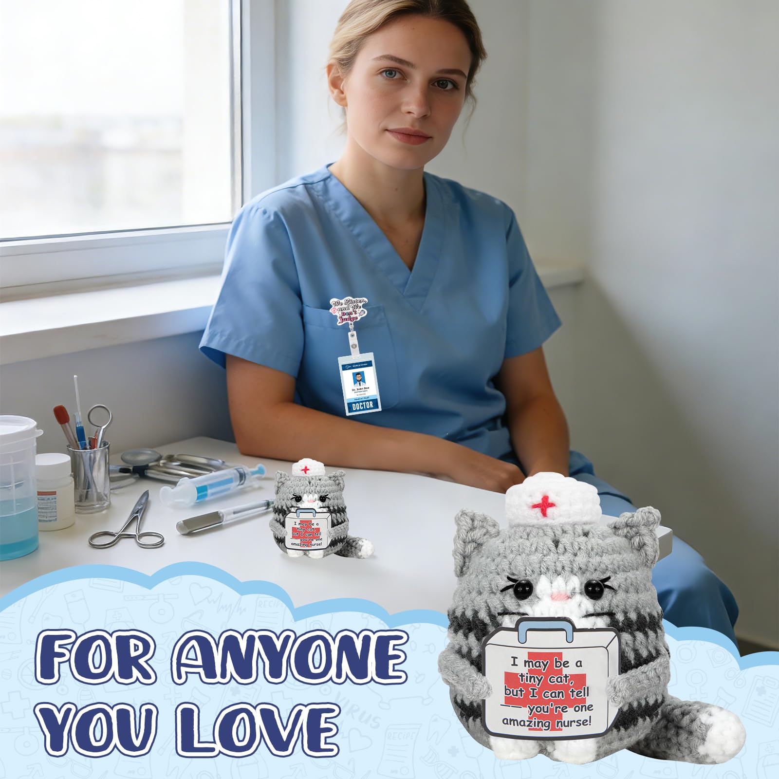 Funny Nurse Week Gifts for Women - 2026 Positive Crochet Cat with Nurse Badge Reel - Animals Emotional Appreciation Gifts for RN Registered