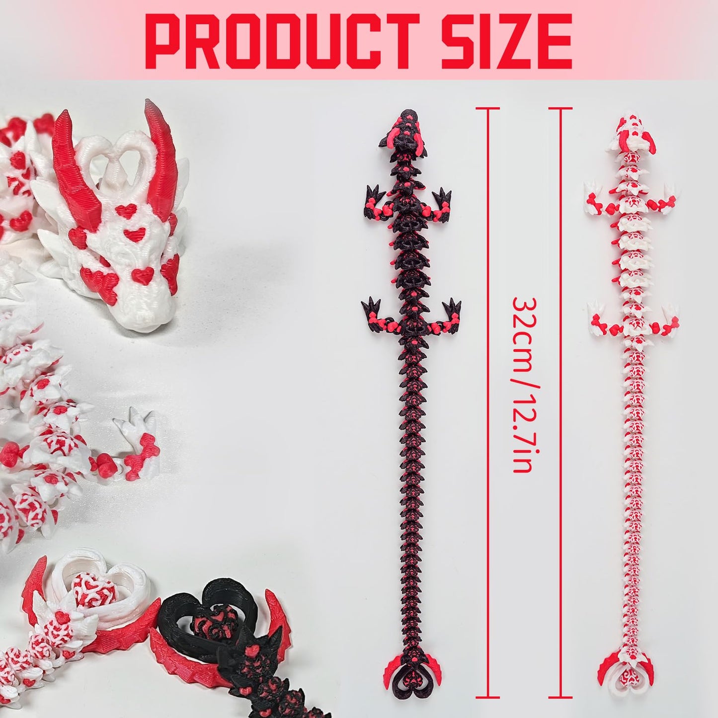 2PCS 3D Printed Dragon with Heart Design - 12.7 Inches Light and Dark Heart Themed Articulating Dragons, Rotating Hearts Tail - Perfect Home Decor or