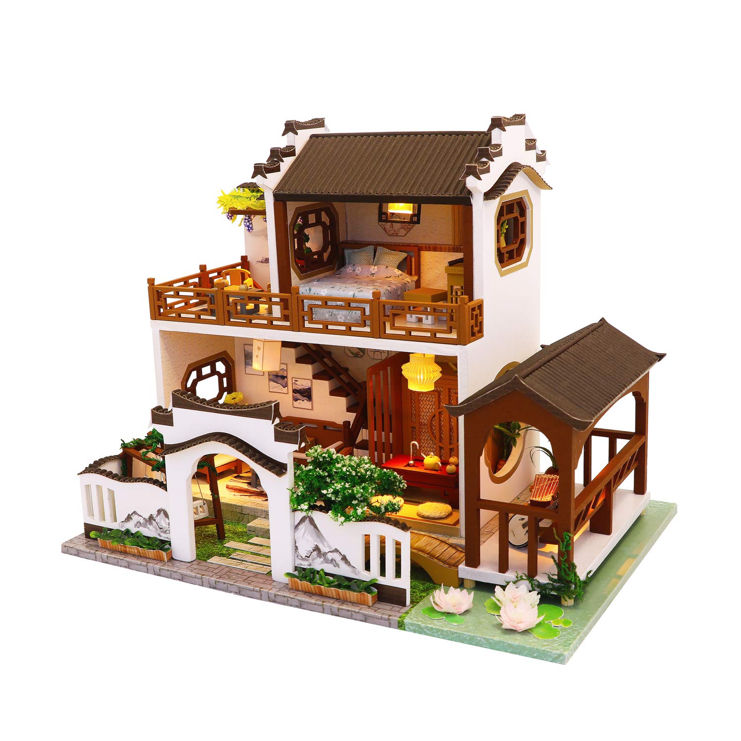 Cool Beans Boutique Miniature DIY Dollhouse Kit - Wooden Asian Dollhouse Traditional Home - with Dust Cover - Architecture Model kit (English Manual)