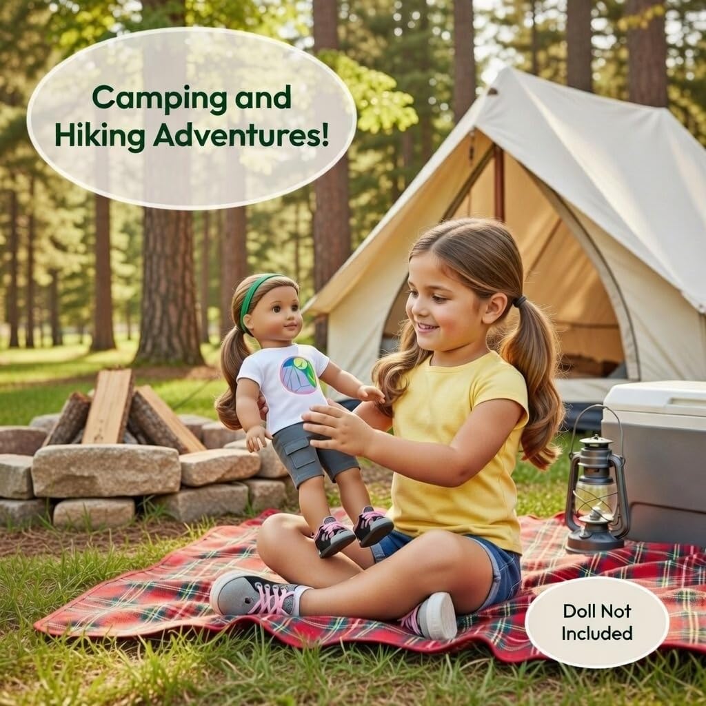 Emily Rose Girl Scouts® Officially Licensed 18 Inch Doll Camping Outfit - Badge Graphic T-Shirt, Cargo Shorts, Headband & Hiking Boots - Fits American