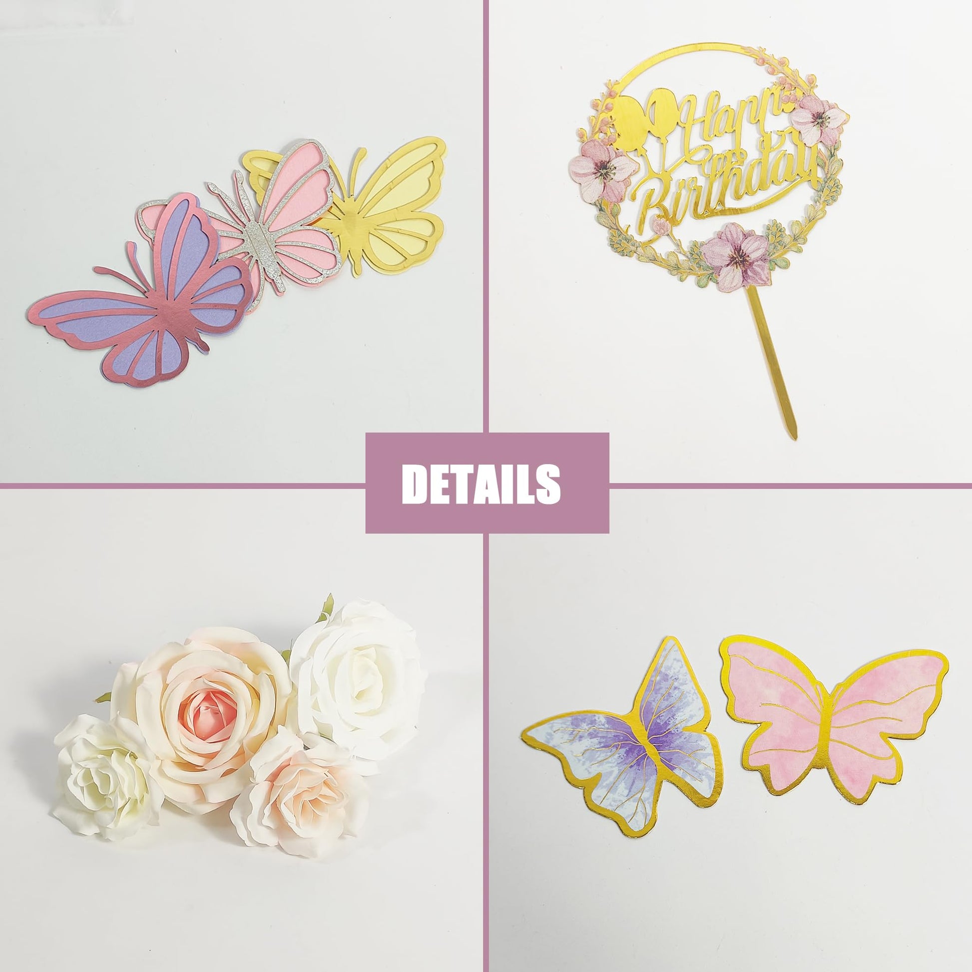 35PCS Butterfly Cake Topper Decorations with Artificial Flowers for Anniversary Butterfly Birthday Supplies (Pink Gold)