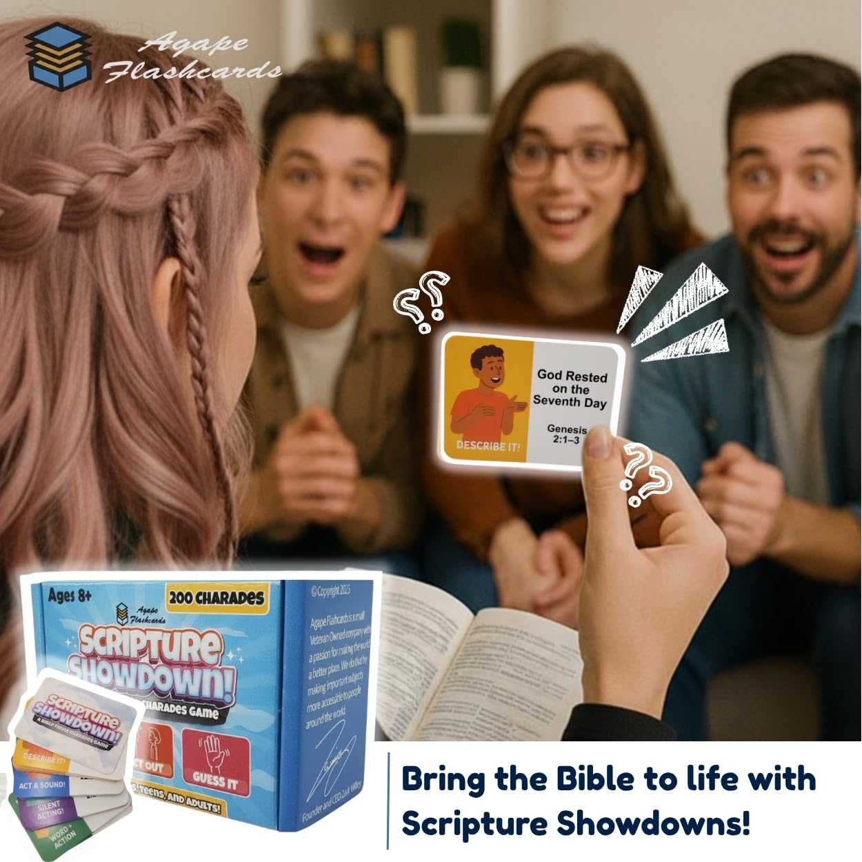 Bible Trivia Charades Game, Scripture Showdown for Families, Teens, Adults, 200 Challenge Cards, Faith Based Party Activity, Christian Game Night