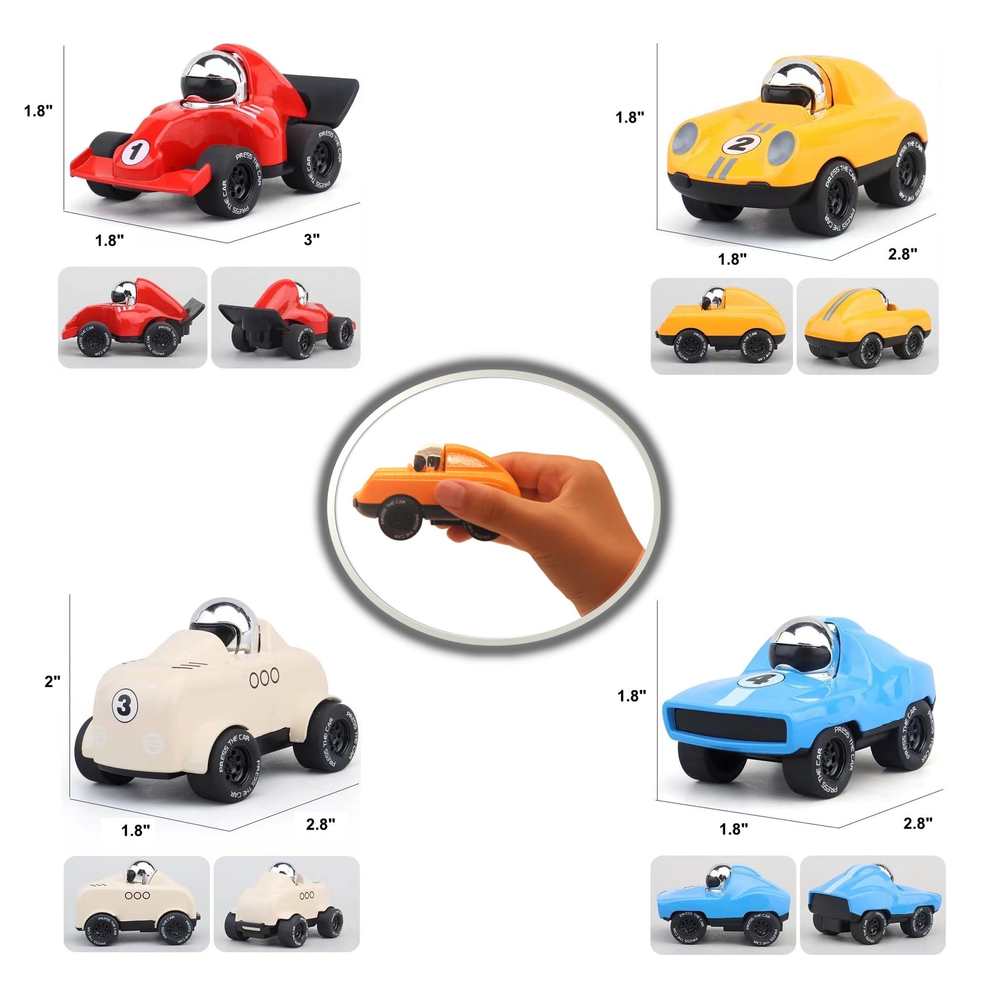 Elementoy 4-Pack Alloy Press to Go Toy Cars, Die-cast Collectible Model Race Cars, Birthday Christmas Holiday Party Gift for Kids 3+, Adults,