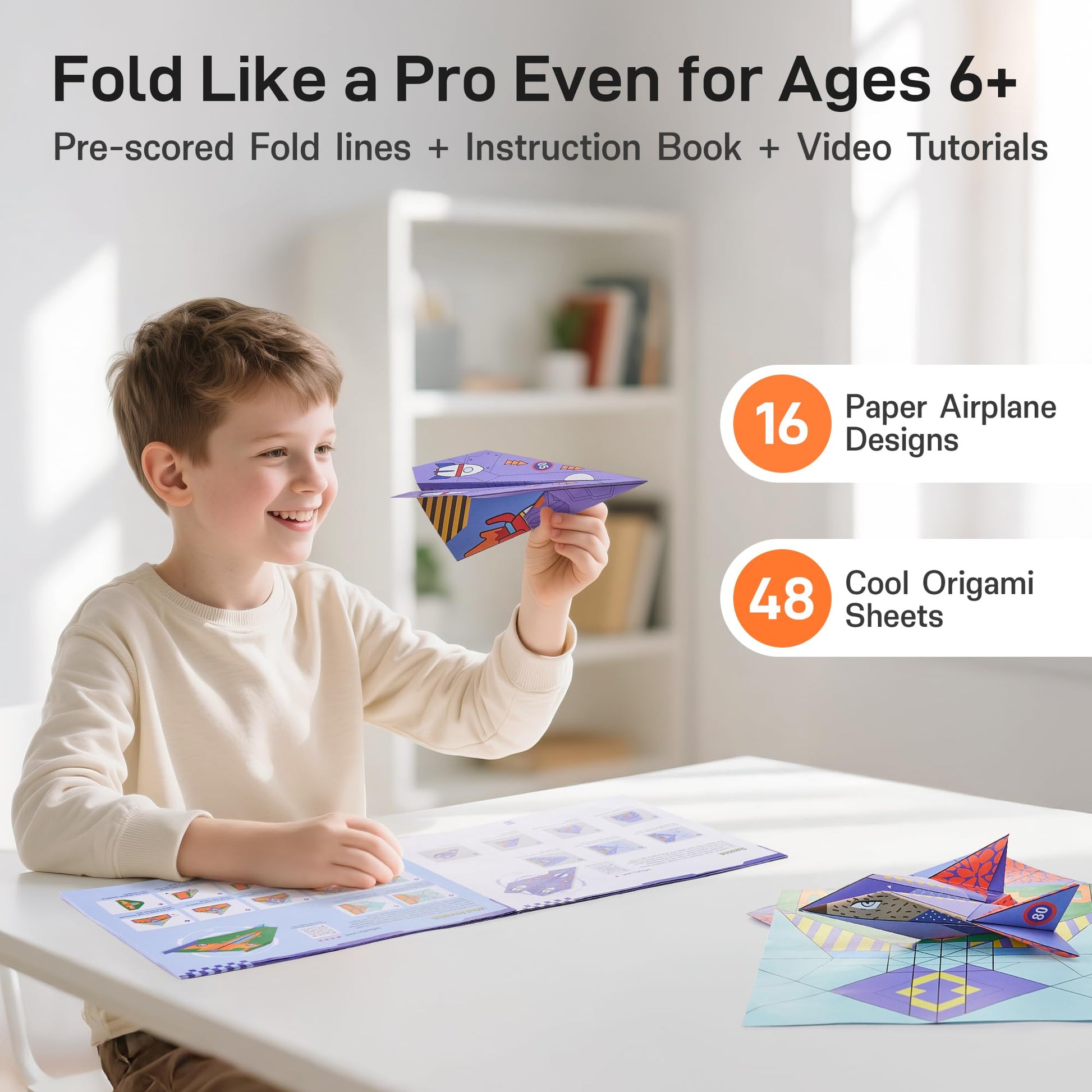Leven DIY Paper Airplane Book, 16 Creative Folding Paper Planes with 48 Sheets of Colorful Origami Paper, Arts & Crafts Kit with Video Tutorials