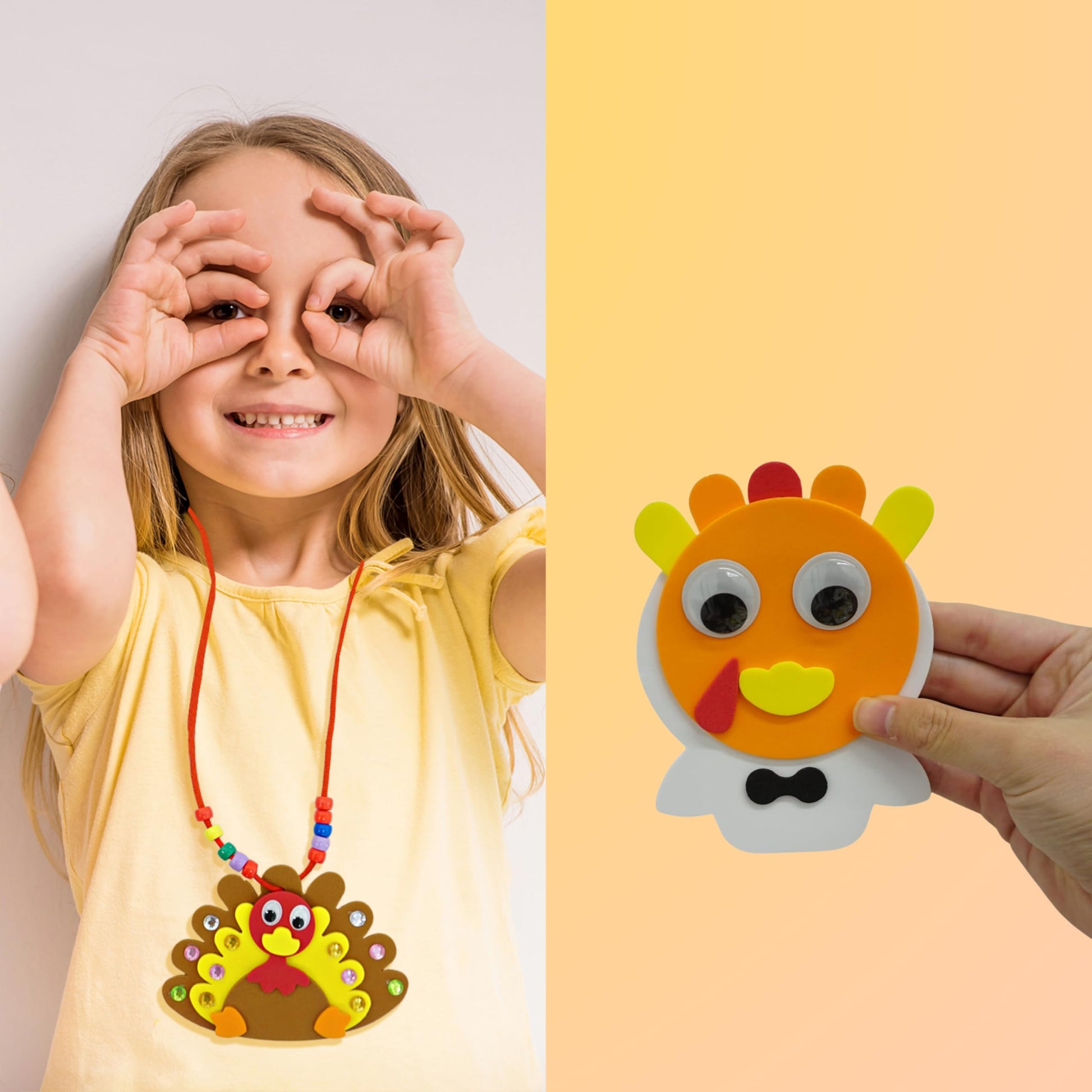 4E's Novelty Thanksgiving Craft for Kids (Makes 4) Includes - Foam Thankful Tree, Turkey Plate, Pilgrim Magnet, Turkey Necklace - Dinner Activity