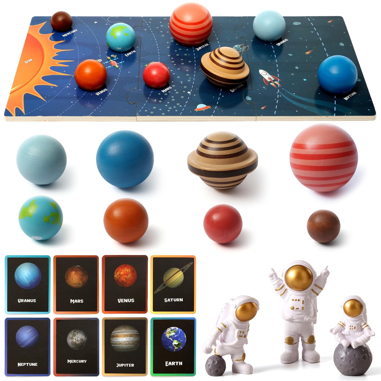 Wooden Solar System Model Board?Kids Solar System with Astronauts ?Montessori Planet Toys,Educational Planets Balls,Preschool Learning Puzzle?Space