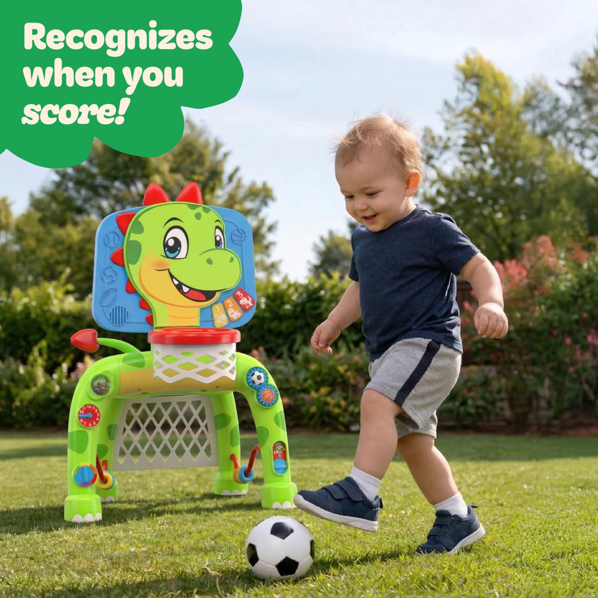 Move2Play, Dinosaur Basketball Hoop & Soccer Goal Activity Center | 30+ Sounds & Songs + 5 Lights | 1 2 3 Year Old for Boys and Girls | Toy & Gift