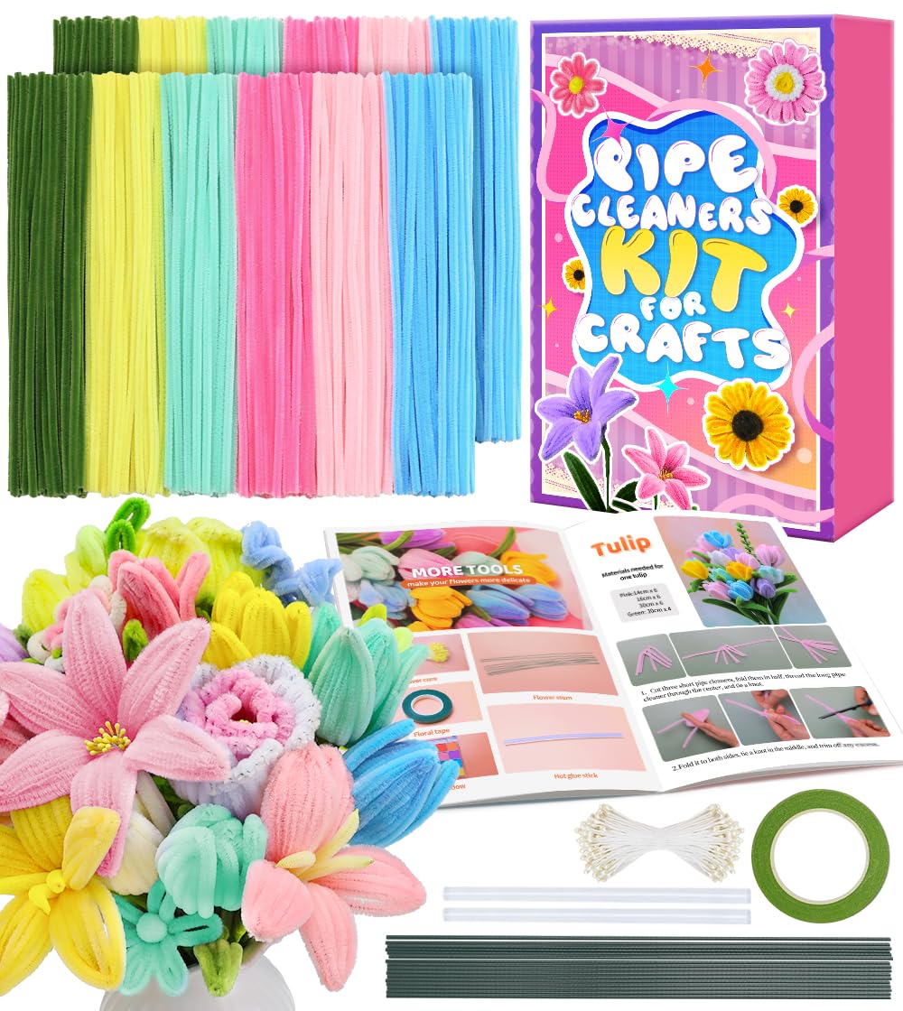 Eppingwin 360 PCS Pipe Cleaners for Flowers, Macaroon Chenille Stems for Crafts, Pipe Cleaners Bulk with Instruction for Tulip, Rose, Lily, Sunflower
