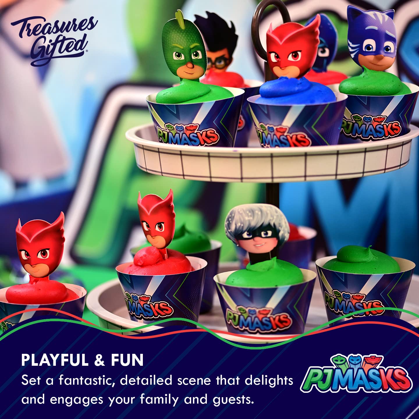 Treasures Gifted Officially Licensed PJ Masks Birthday Decorations - 24ct Cupcake Toppers & Wrappers - PJ Masks Birthday Party Supplies - Cake