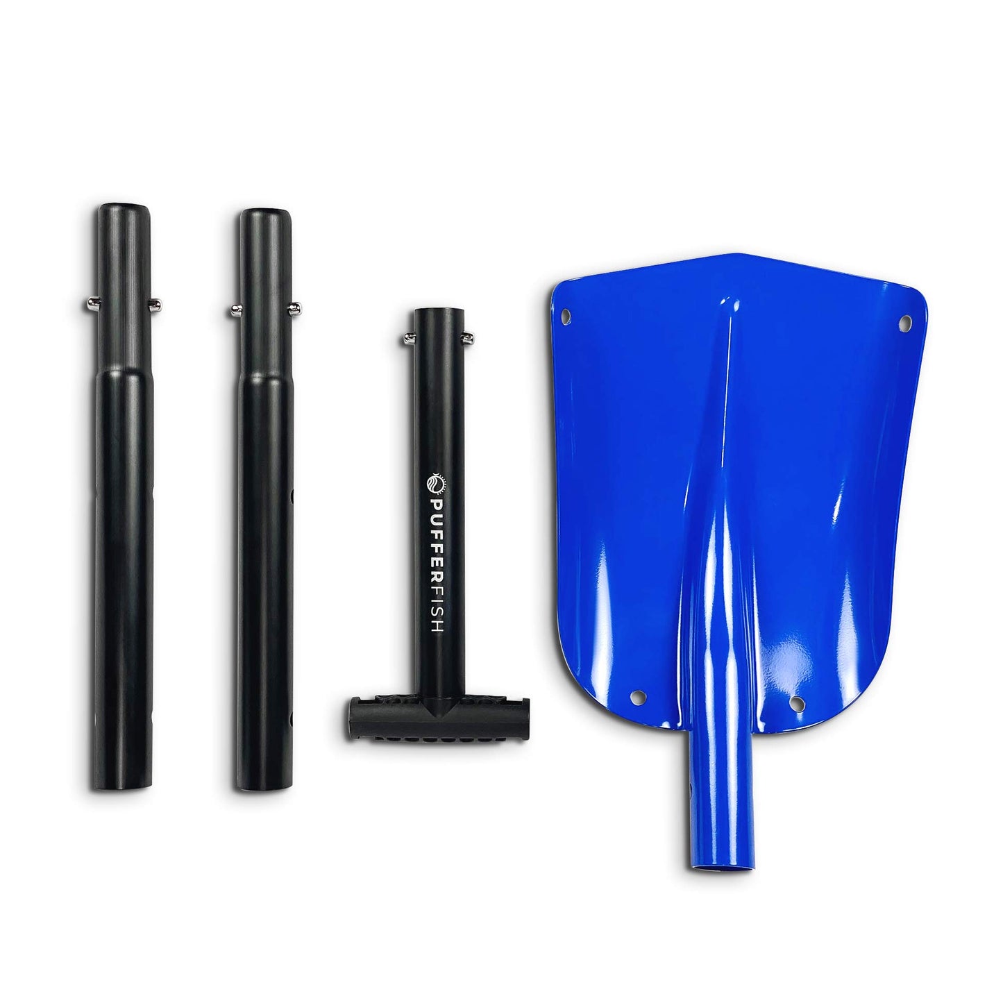 PUFFERFISH Really Big Sand Shovel - Lightweight Collapsible 4 Piece Aluminum Shovel for Beach - Customizable to 3 Different Lengths - Ideal for Sand