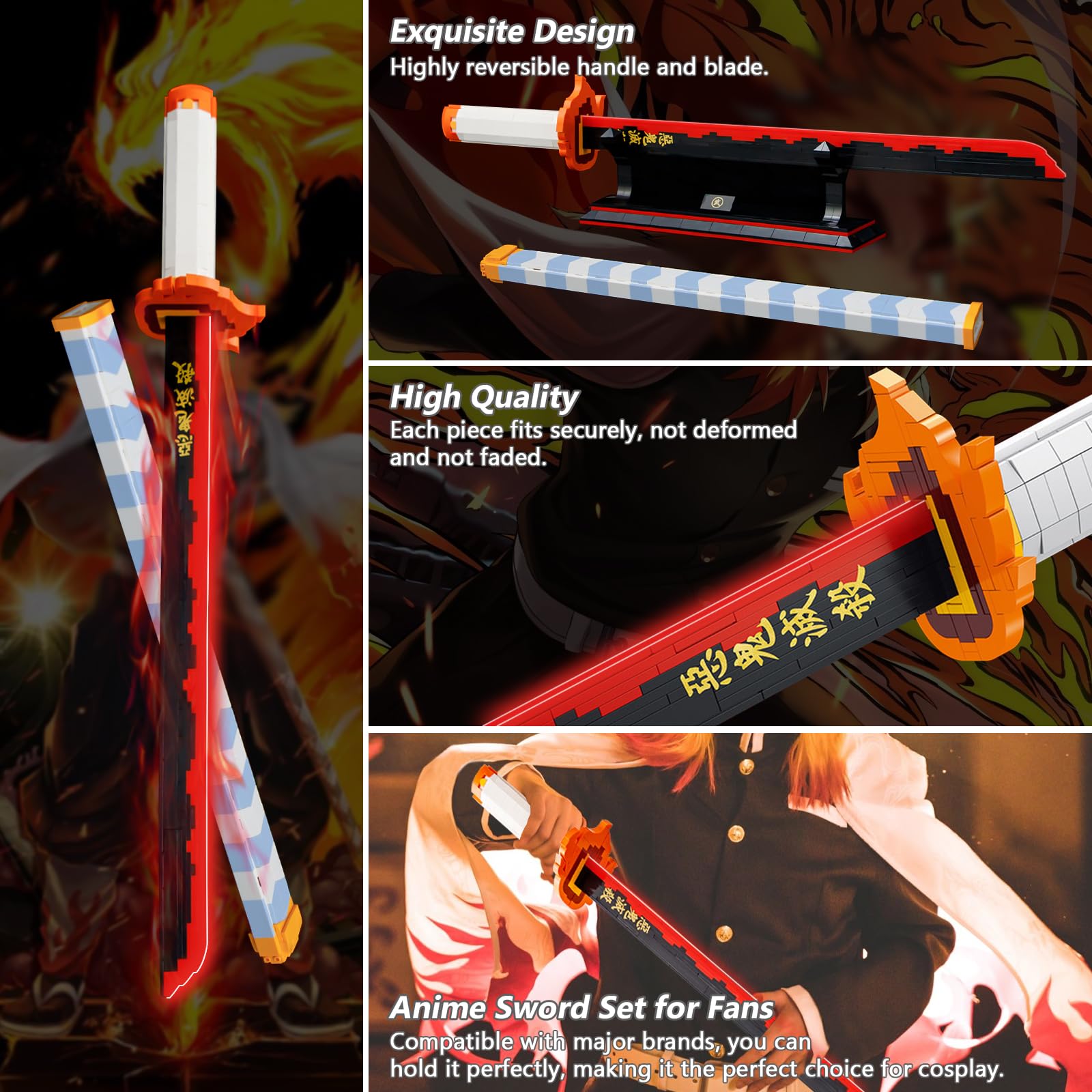 HIGH GODO Demon Anime Sword Building Set, 27in Rengoku Kyoujurou Sword Building Block with Scabbard and Stand, Cosplay Anime Sword Set for Adults