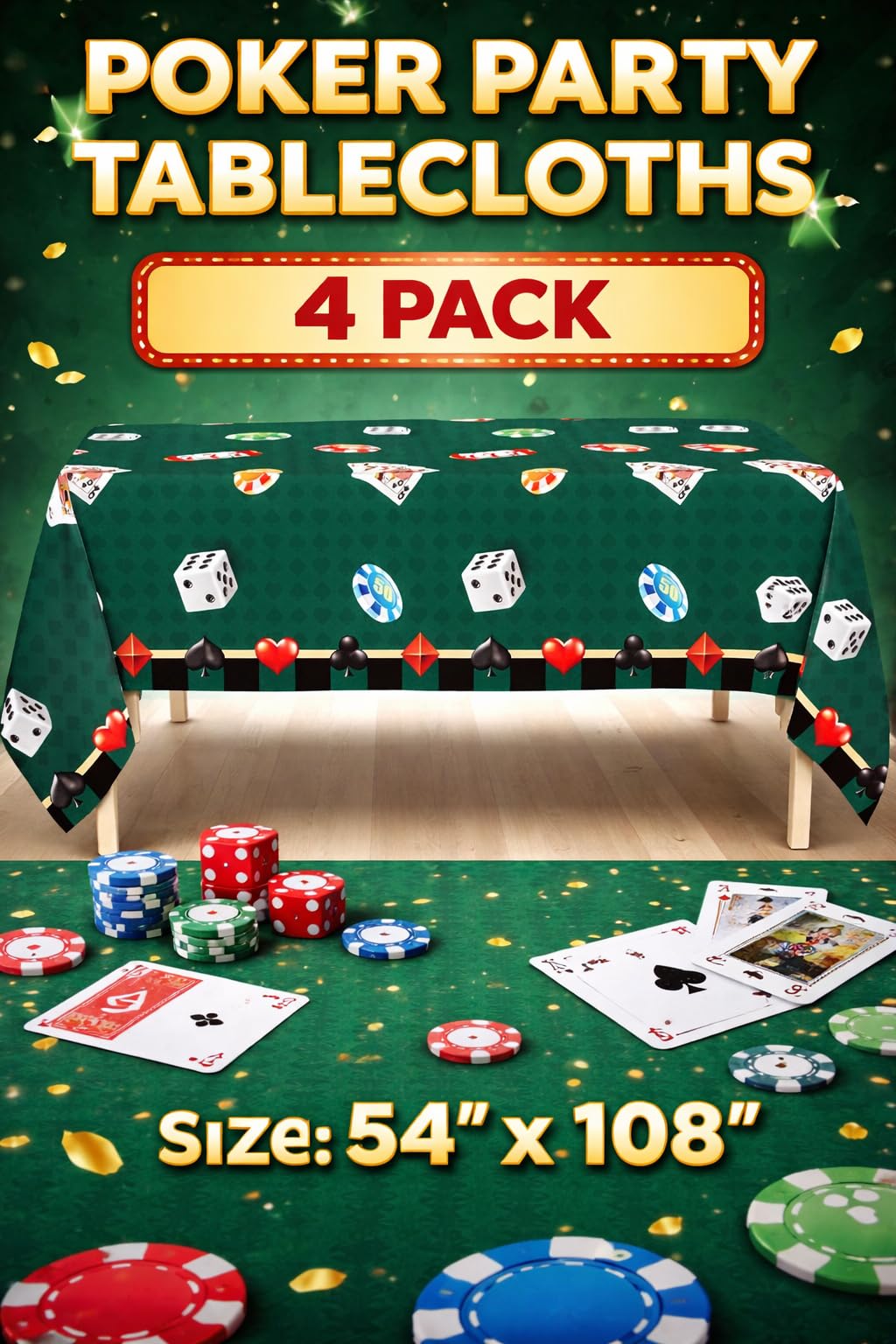 Oojami Poker Party Tablecloths 4 Pack - 54" x 108" Casino Theme Plastic Table Covers for Birthday, Casino Night, Vegas Theme Party Decorations