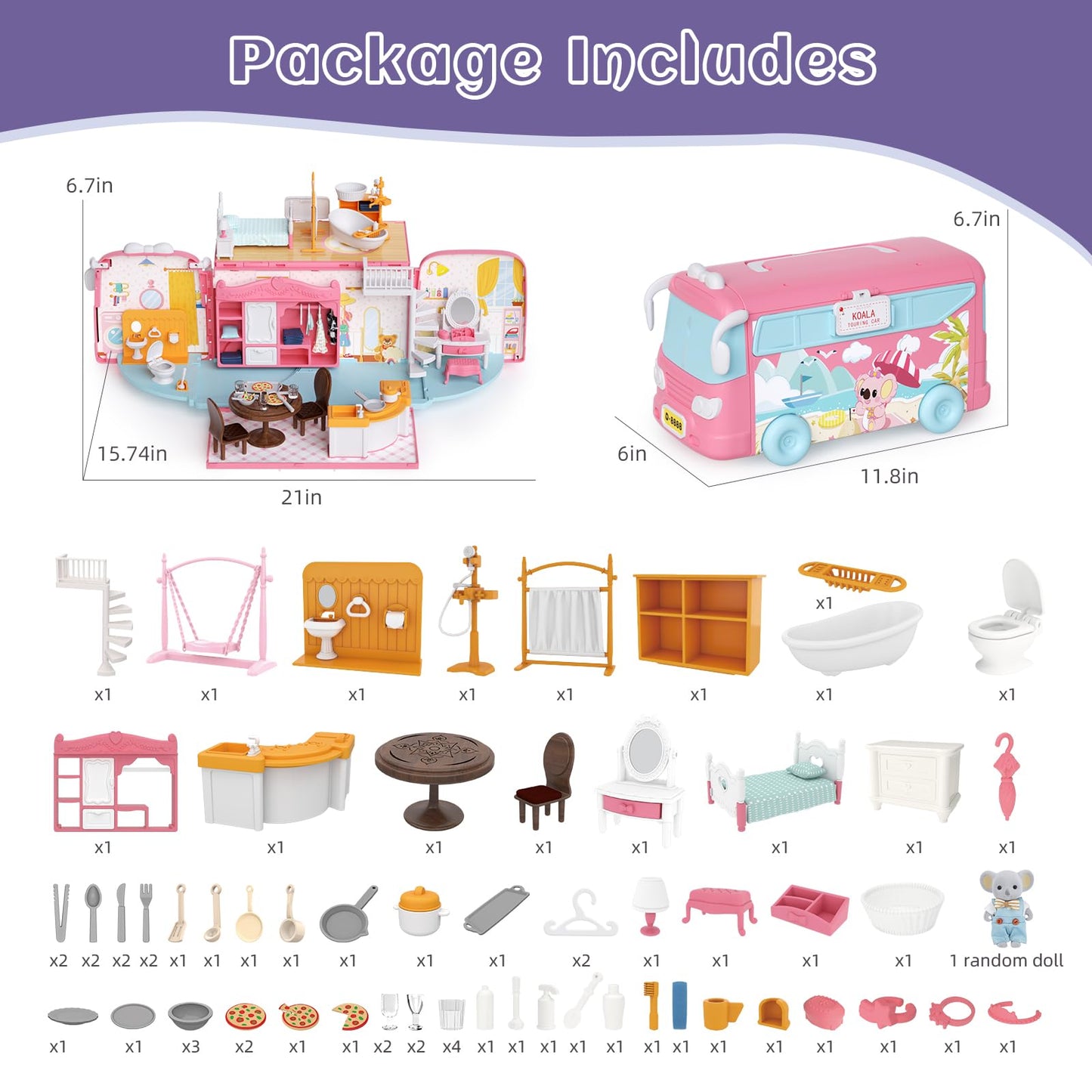 MITCIEN Dollhouse Playset, DIY Pretend Portable Caravan Camper Bus Toy Kit with Little Critters Bunny Dolls Mini Cottage House Set Camping Family Toys