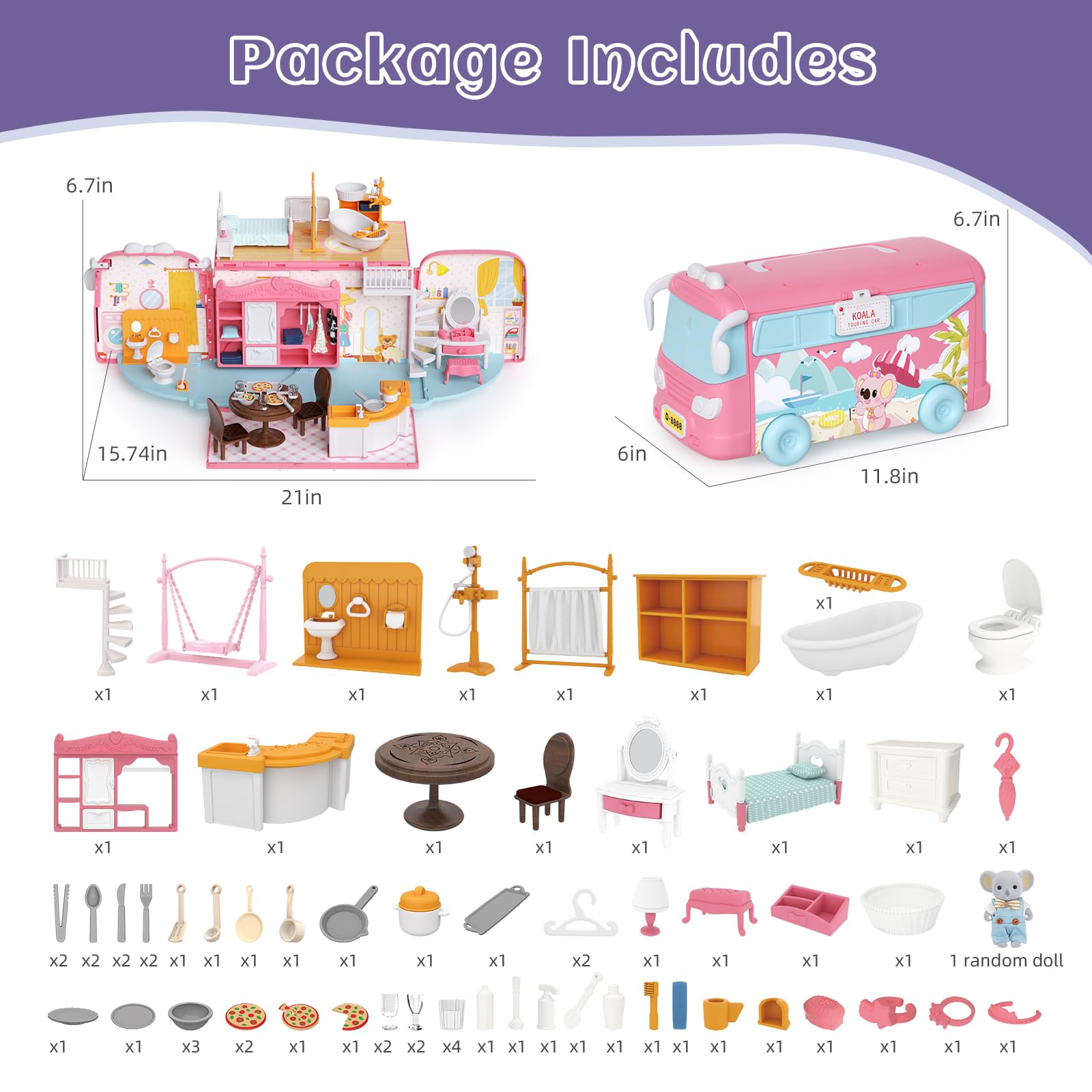 MITCIEN Dollhouse Playset, DIY Pretend Portable Caravan Camper Bus Toy Kit with Little Critters Bunny Dolls Mini Cottage House Set Camping Family Toys