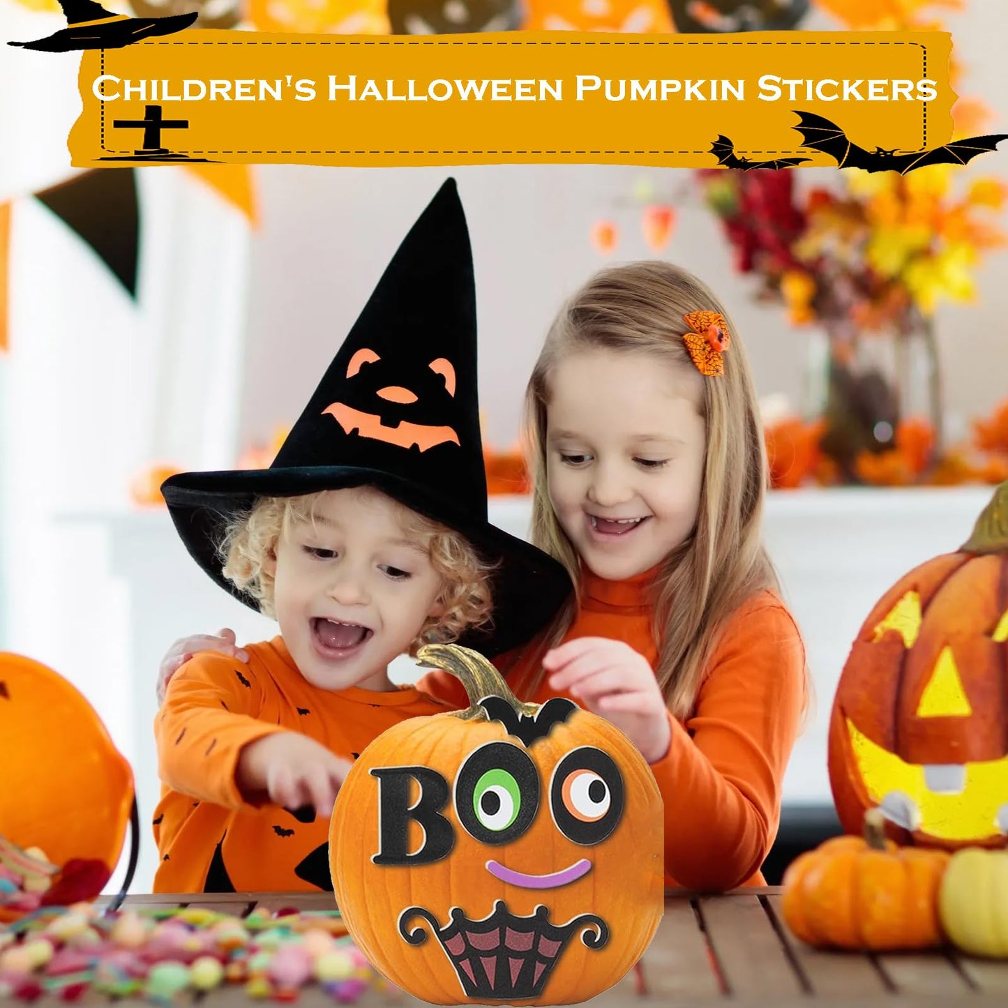Qidiwin Halloween Pumpkin Face Foam Stickers- 16 Packs Decorating Foam Craft Kit Stickers, Party Decoration Foam Stickers, Make Funny Pumpkins Craft