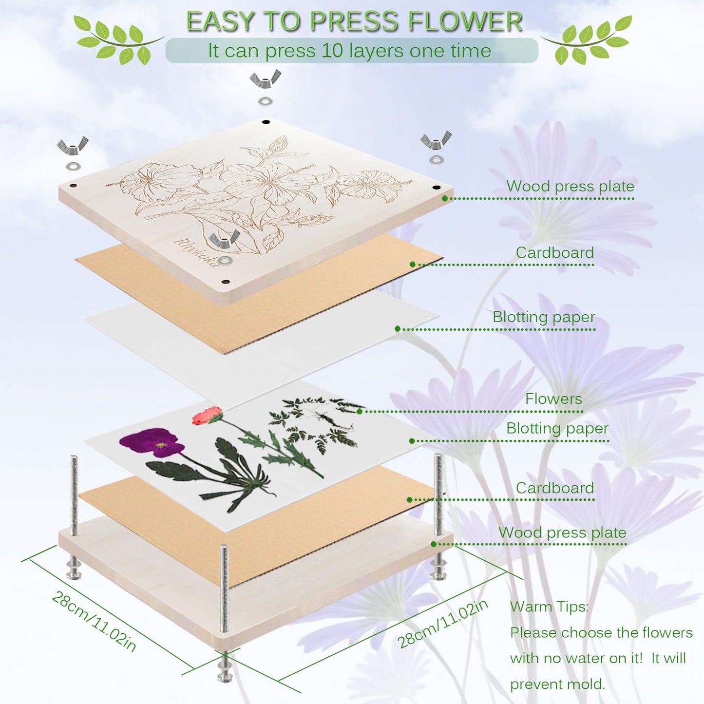 Rhykoka Large Flower Press,11x11 inch (28x28cm) 10 Layers Wooden Flower Pressing Kit for Adults with Storage Bag, Great Gift for DIY Flower Lovers