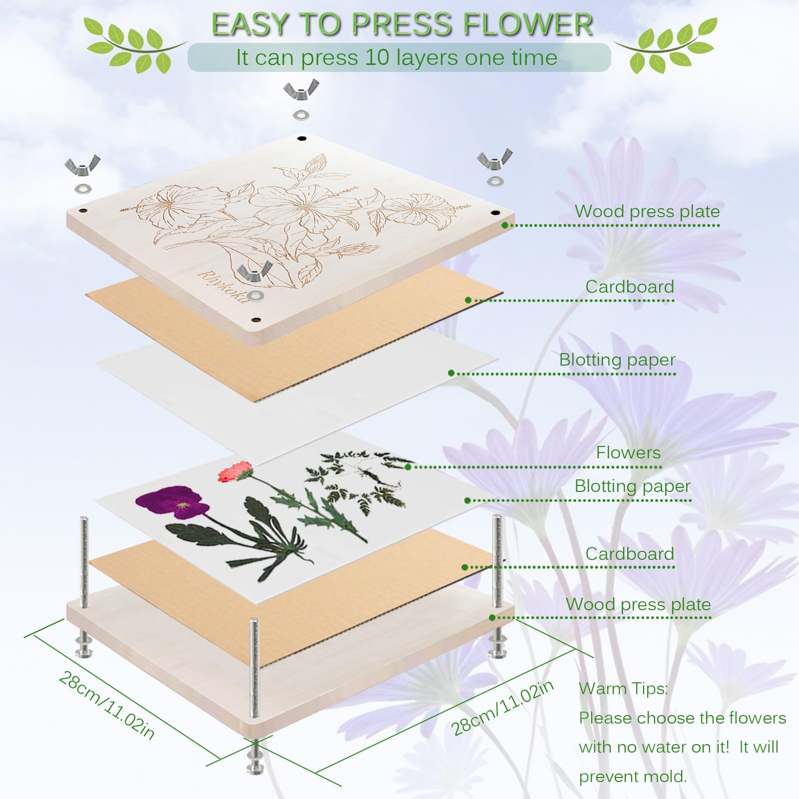 Rhykoka Large Flower Press,11x11 inch (28x28cm) 10 Layers Wooden Flower Pressing Kit for Adults with Storage Bag, Great Gift for DIY Flower Lovers