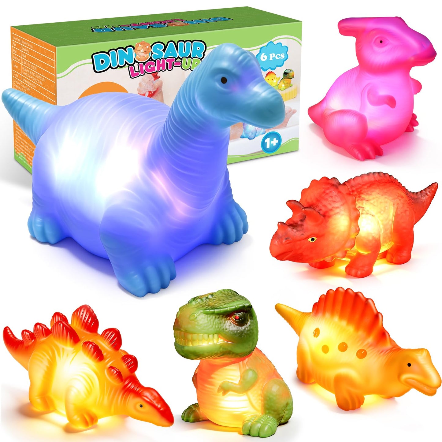 Baby Bath Toys for Toddlers 1-5, 6 Packs Light Up Floating Dinosaur Toys for Kids 1-5 Year Olds Boys Girls Halloween Xmas Birthday for Babies Age 1-5