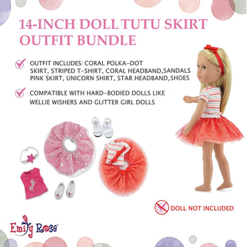Emily Rose 14" Doll Fashion Bundle 8-PC - Pink Unicorn Tutu & Coral Outfit Sets with Shoes & Headbands | Glitter Girls and Wellie Wishers Compatible |