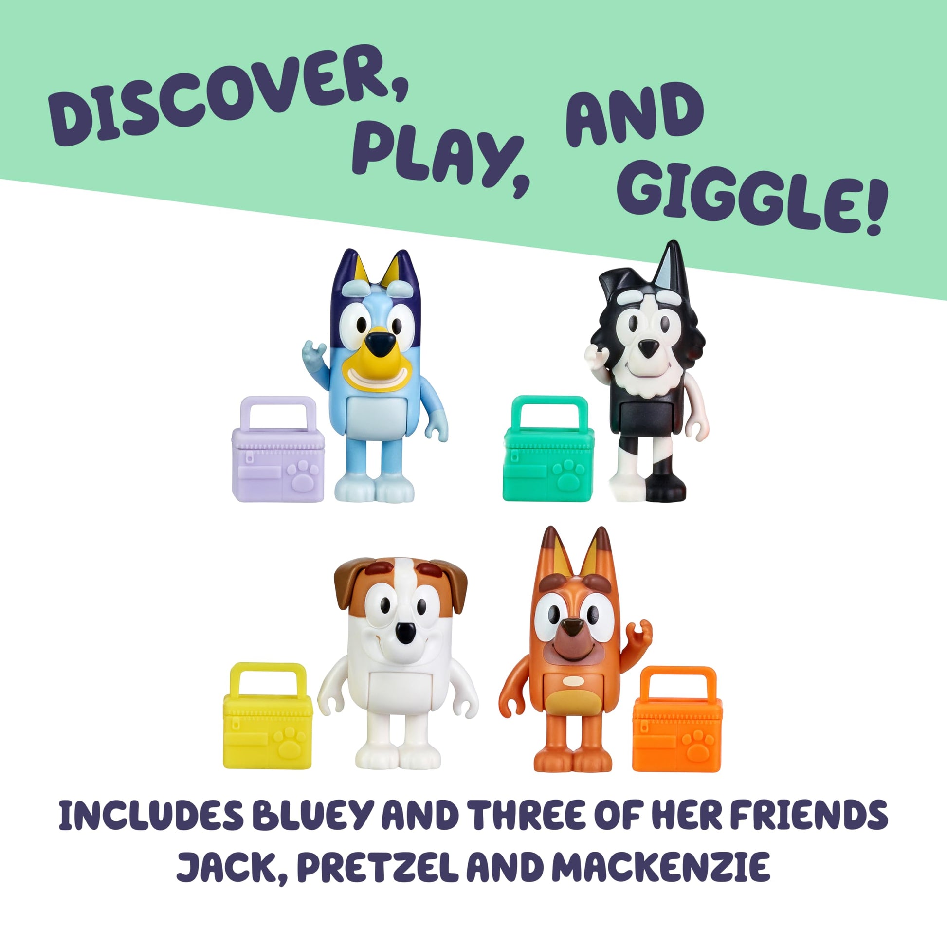 Bluey School Mates Figurine Toys Pack of 4, Articulated Jack, Pretzel, and Mackenzie Character Toys with Lunch Boxes, Action Figures for Kids Ages 3+