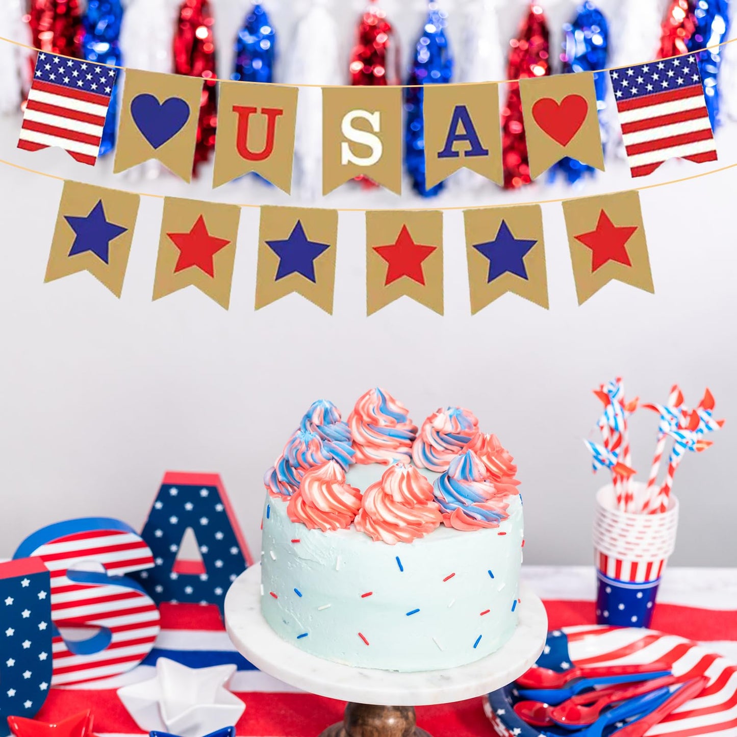 USA Patriotic Cardstock Banner Decorations, Rustic Pre-Strung Hanging Garland Sign for 4th of July, Memorial Day, Veterans Day, Independence Day,