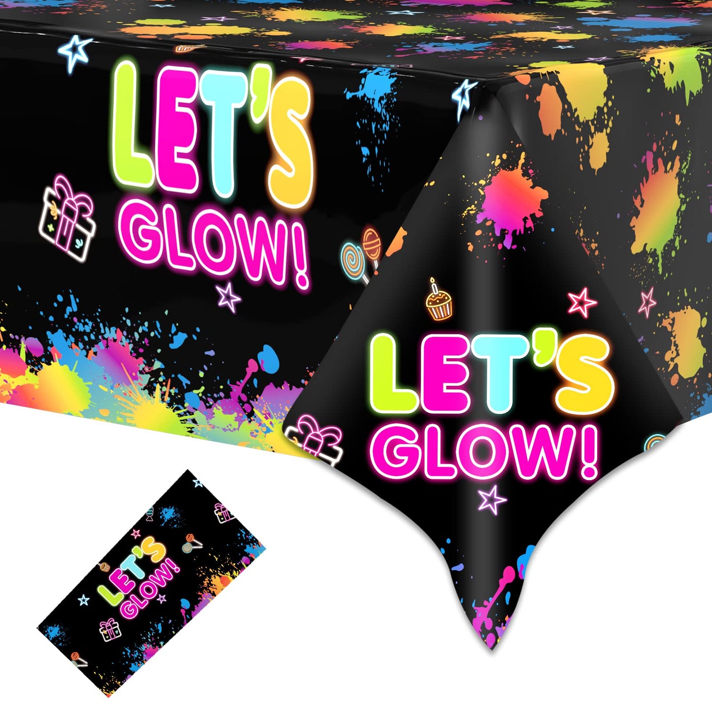1 Pack Let's Glow Tablecloth- Neon Party Table Cover, Disposable Plastic Rectangle Glow in the Dark Tables Cloth for Neon Black Light Glow Party