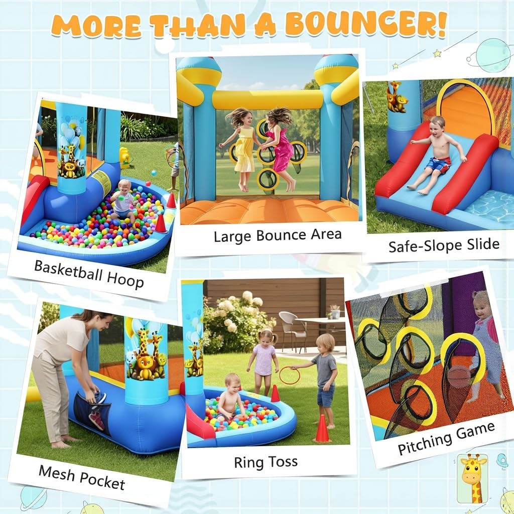 AKEYDIY Bouncy House for Kids, 5-in-1 Inflatable Bouncer with Slide, Ball Pit & Ring Toss, Heavy Duty Oxford Jumping Castle for Backyard Outdoor