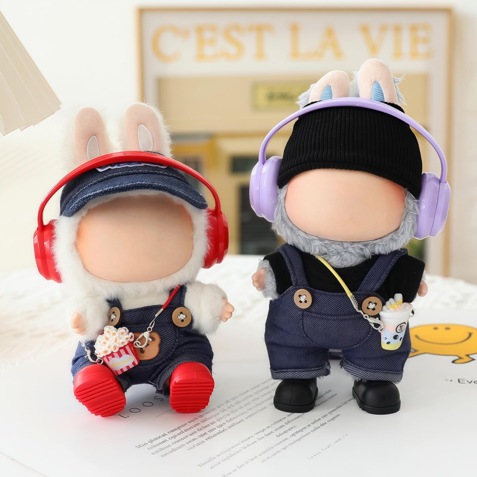 Clothes for Lu bubu 17cm Dolls(No Doll) Accessories, Stylish Kawaii Overalls Outfit Headphones Set 5 Pieces Suitable for 17cm Dolls , Doll Hat Headset