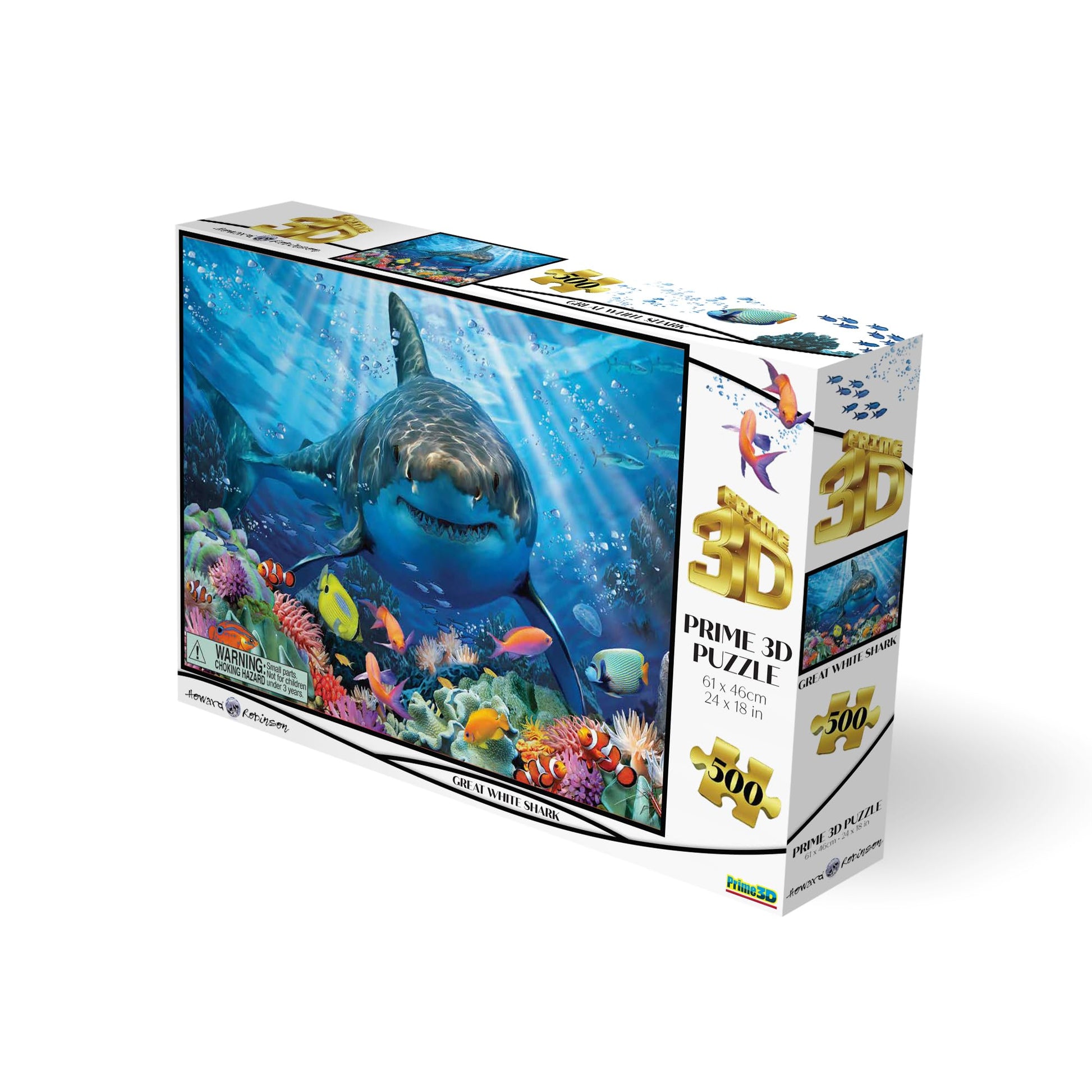 Prime 3D Great White Shark Puzzle - 500 Piece 3D Lenticular Ocean Jigsaw for Adults & Kids, 24"x18" Fun Activity with Depth, Howard Robinson Gift