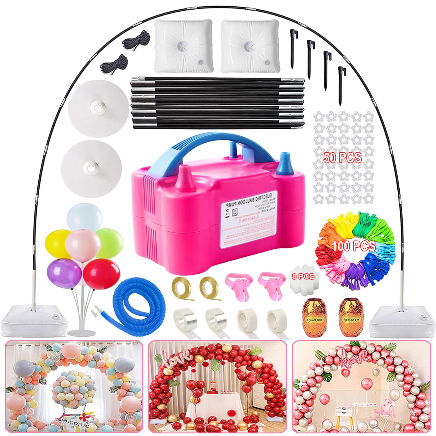 Balloon Arch Kit and Balloon Pump, 9Ft Tall & 10Ft Wide Adjustable Balloon Arch Stand with Water Base, Electric Pump, Balloons and Accessories
