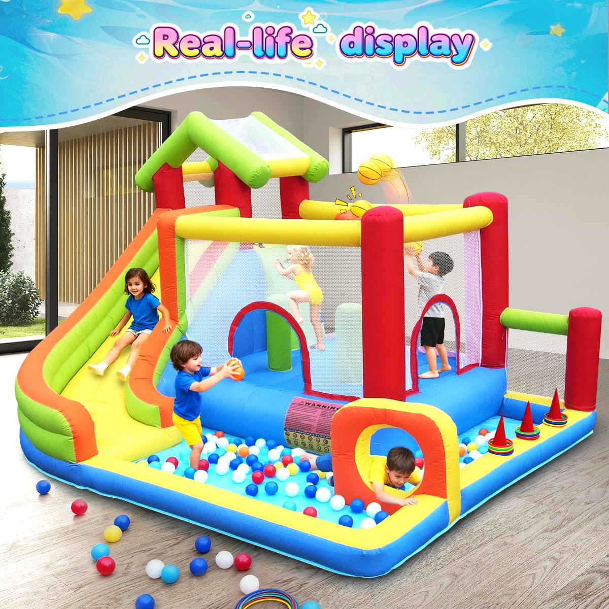 Mega Bounce House with Slide | 7-in-1 Inflatable Playground for Kids 3-10 | Giant Jump Area, Ball Pit, Basketball Hoop | Commercial-Grade Blower
