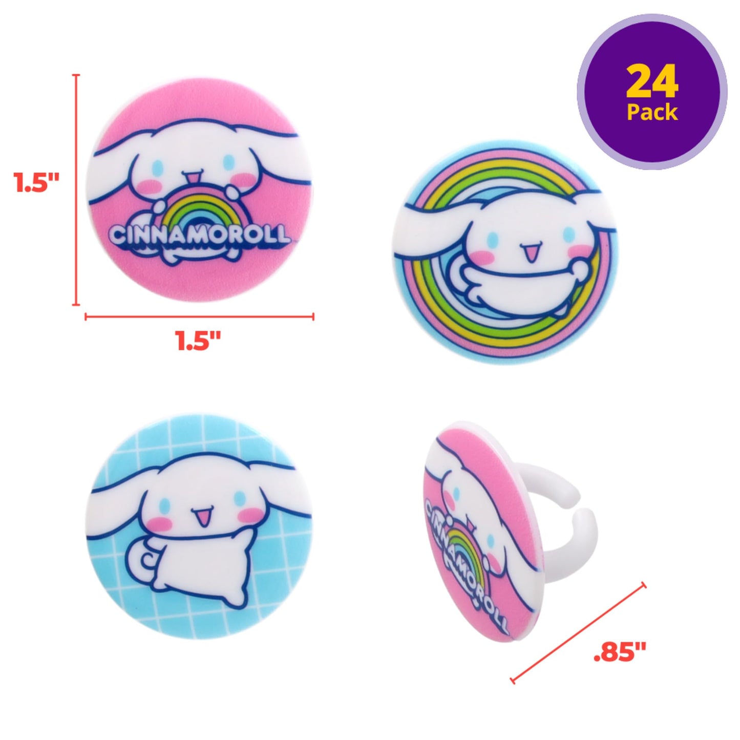 DecoPac Cinnamoroll Rings, 24 Hello Kitty Cupcake Decorations, Blue And Pink Toppers - 24 Pack