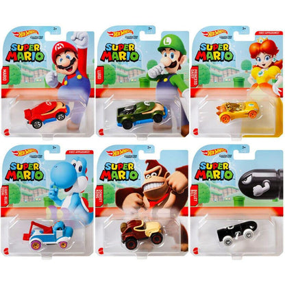 Hot Wheels Super Mario Character Cars - Complete Bundle of 6 (GJJ23?956G) | Includes Mario, Luigi, Princess Daisy, Blue Yoshi, Donkey Kong & Bullet