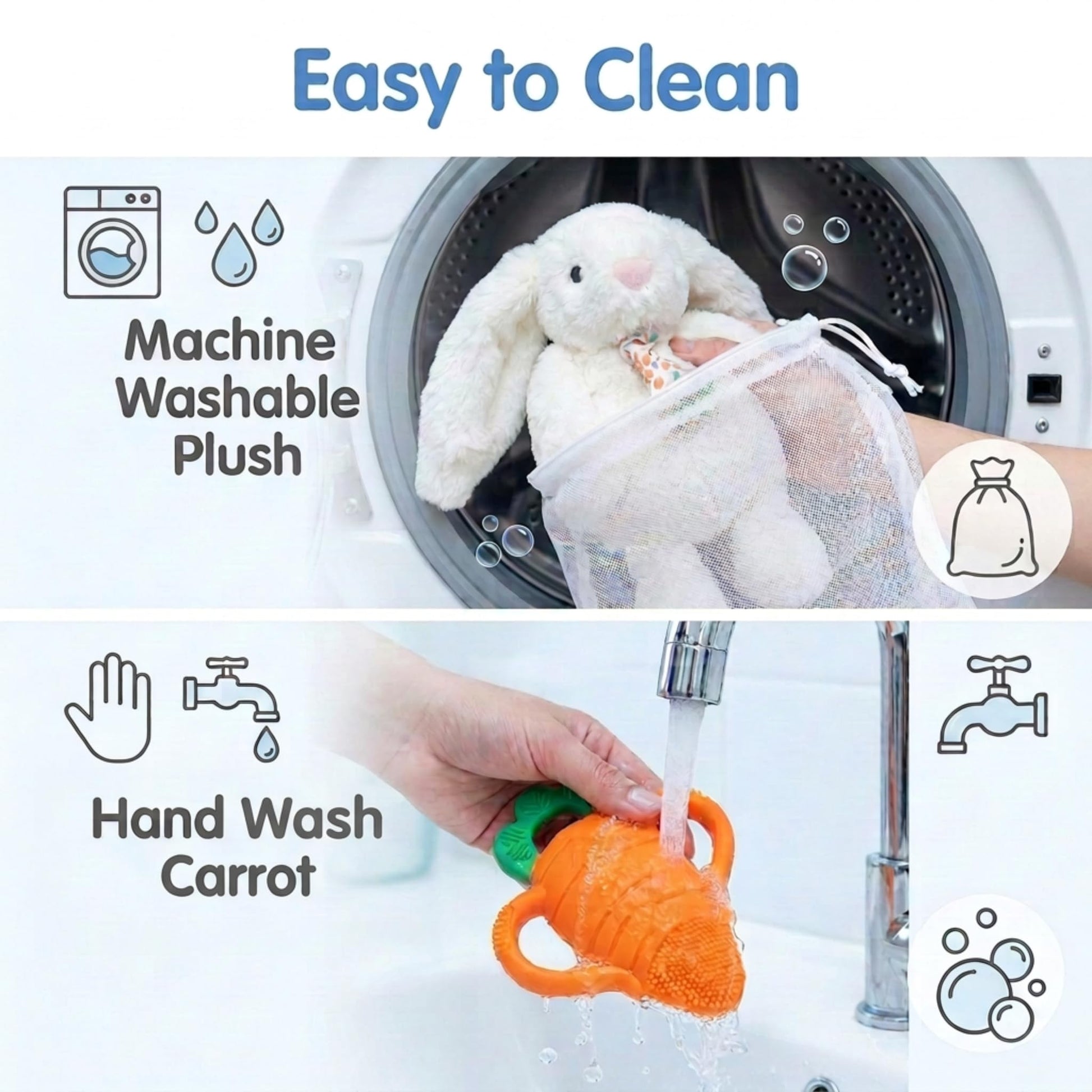 RaZbaby Bunny Snuggly w/Carrot Teething Relief Toy - Soothes Sore Gums w/Nature-Inspired Texture, 100% BPA-Free Silicone Teether, Soft Minky Stuffed