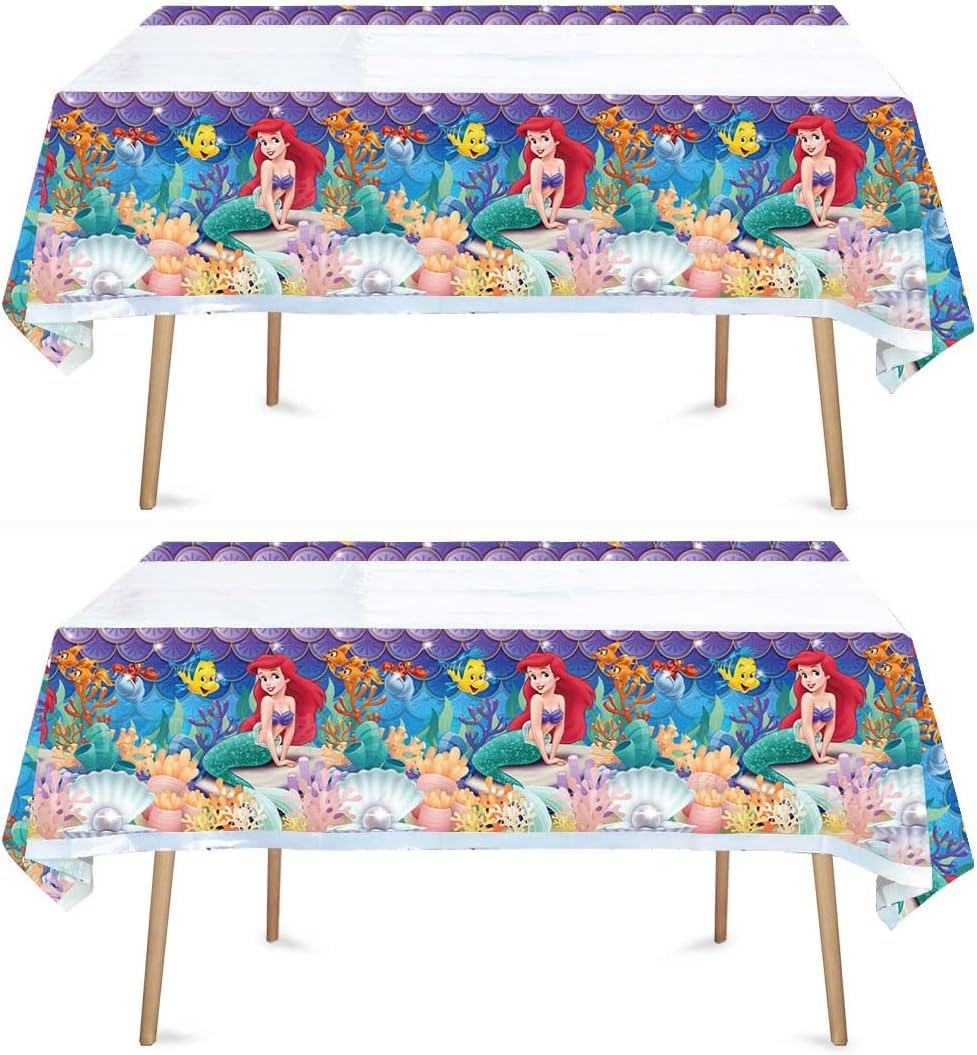 Little Mermaid Tablecloth, 2pcs Rectangular Plastic Table Cover, 70'' x 42'', Waterproof Birthday Party Supplies Decorations (2 Pack Blue Pink) 1