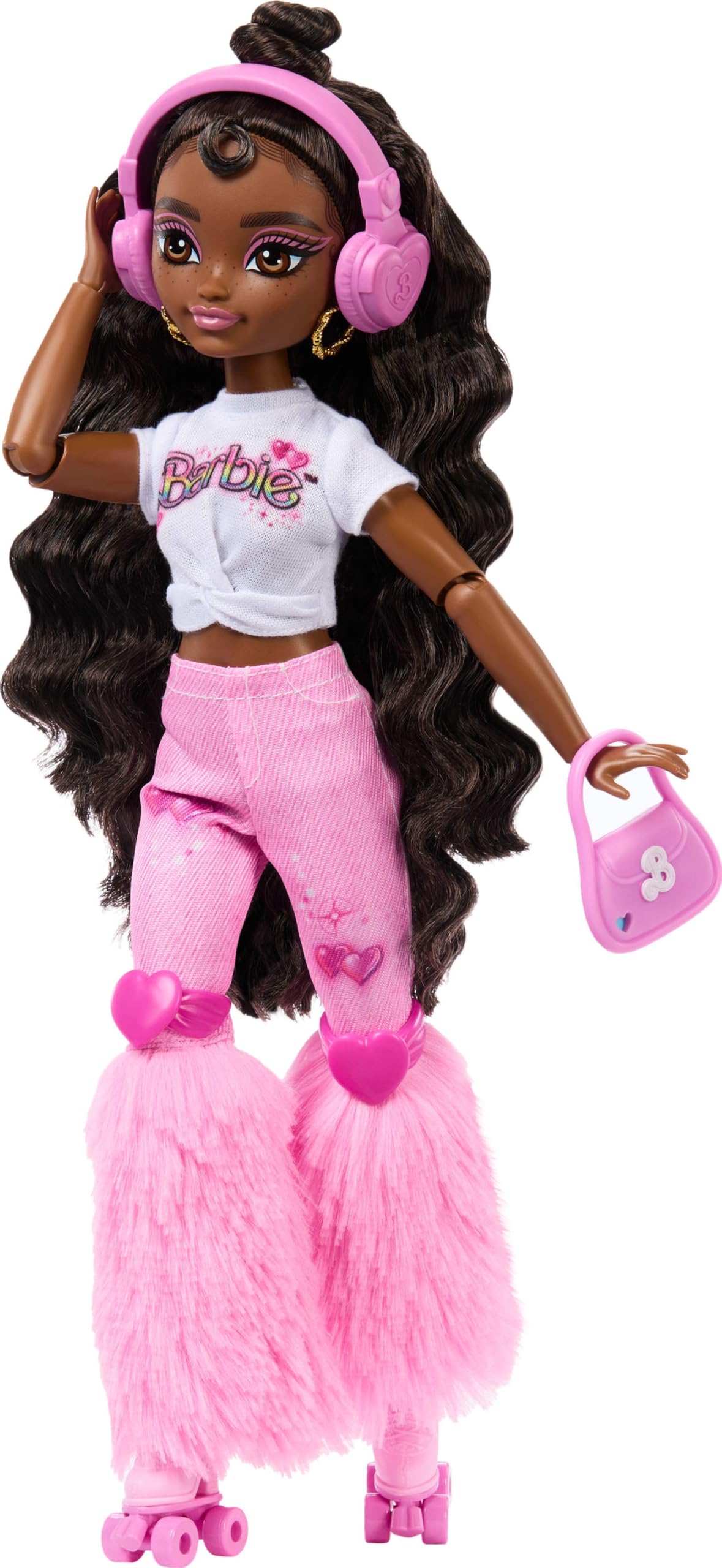 Barbie Dream Besties Doll and Accessories, Brooklyn” Posable Roller Skating Fashion Doll with Dark Brown Hair, 9Music & Video Themed Pieces