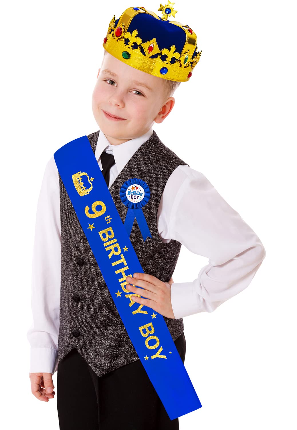 HnoonZ 9th Birthday Set - King's Crown, Sash & Decorations for Boys Turning 9