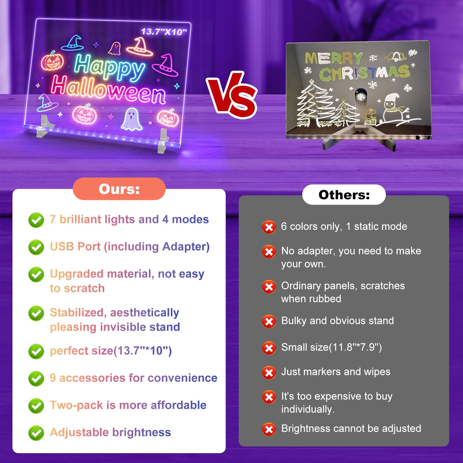 LED Note Board 2-Pack- 13.7x10 inch Acryic Dry Erase Board with 7 Colrs and 4 Modes - for Kids Draing and Kindergarten Graduation Gifts for Toddlers