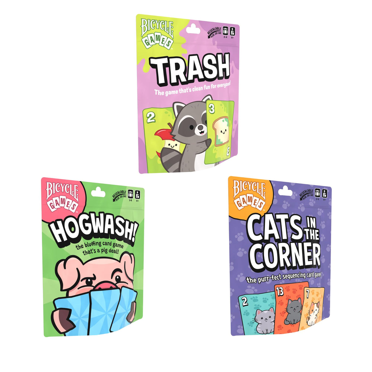 Bicycle Games Kids Collection x3- Hogwash, Trash, Cats in The Corner- Family-Friendly Strategy Card Game for Kids, Teens & Adults, Easy-to-Learn