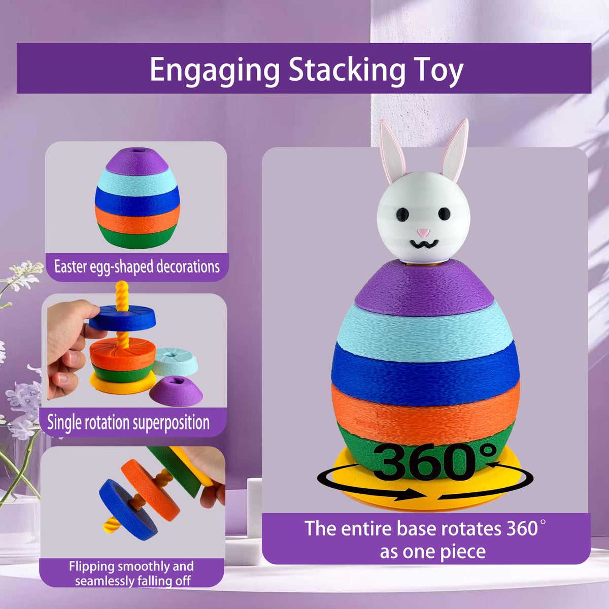 JASSBOOY Montessori Stacking Toy 3D Rabbit Eggs Spinning Rainbow Stacker, Sensory & Educational Brain Development Toy for Toddlers, Fine Motor Skills