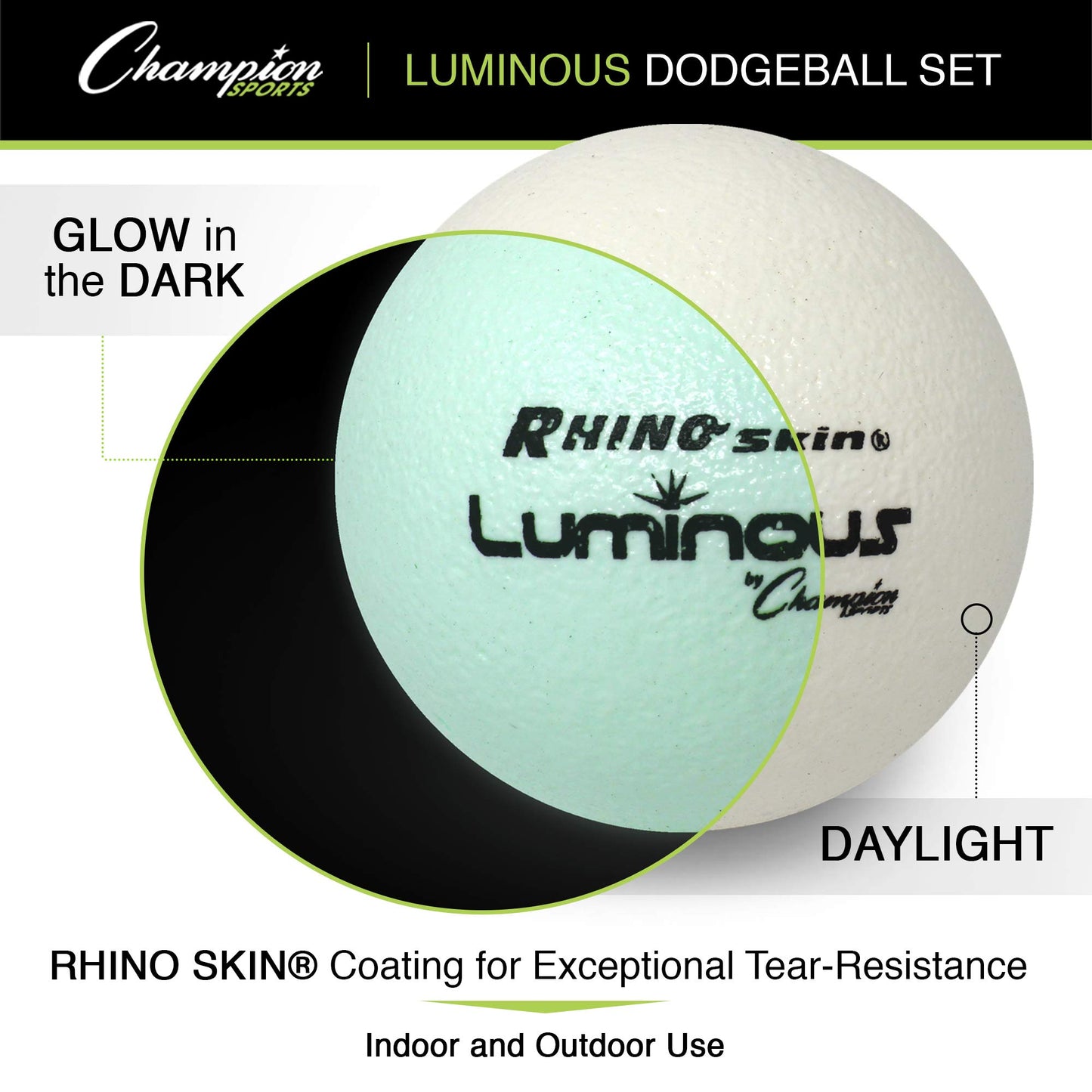 Champion Sports Premium Rhino Skin Dodgeballs with Mesh Storage Bag, Set of 6 - Glow in the Dark Playground Balls for Outdoor Games and Gym Class