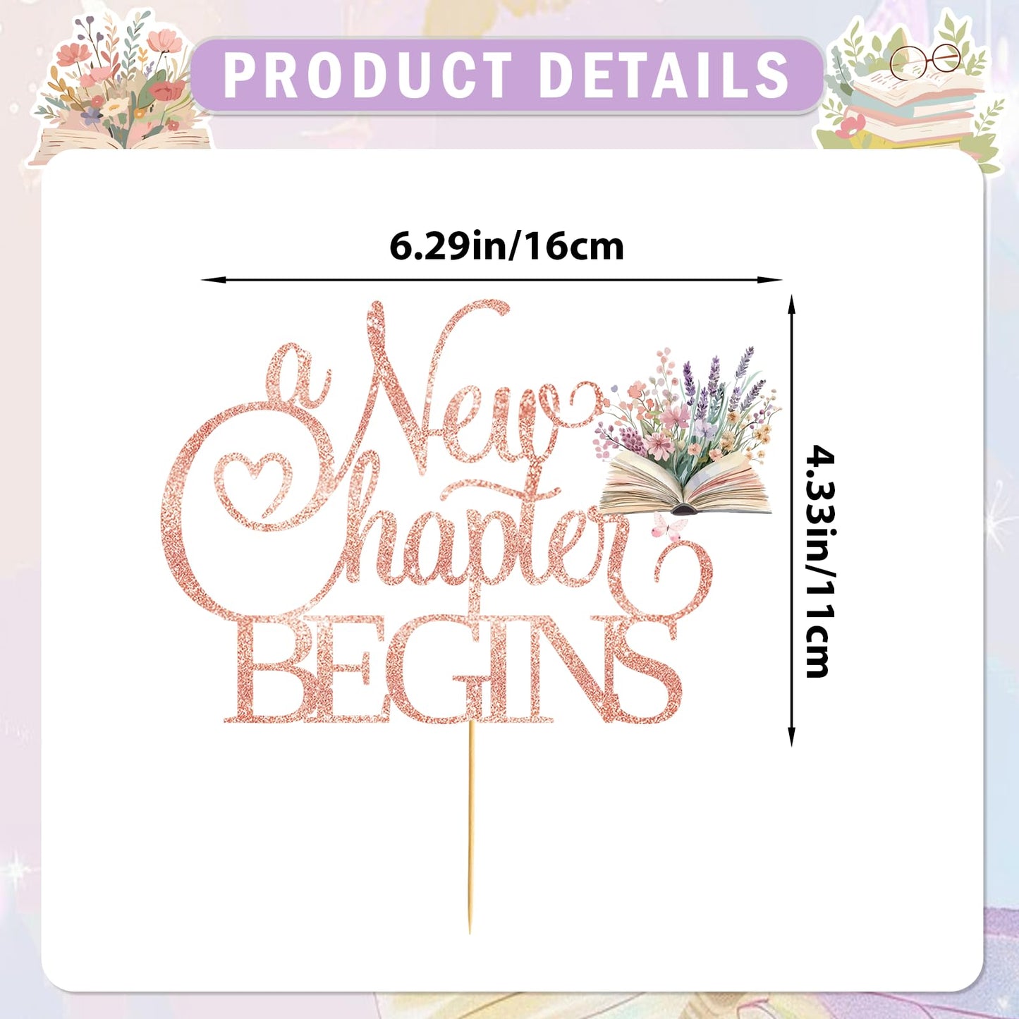 A New Chapter Begins Baby Shower Decorations: 1pcs Glitter Pink A New Chapter Begins Cake Topper Book Cake Decorations Book Themed Baby Shower Bridal