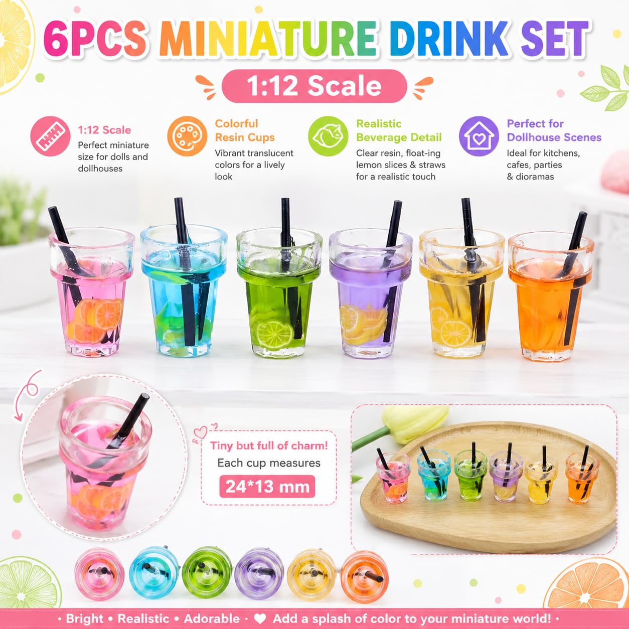 6Pcs Miniature Dollhouse Drink Set, 1:12 Scale, Colorful Resin Glass Cups with Beverage, Simulated Fruit Juice and Lemon Models, 0.72 x 0.5 Inch