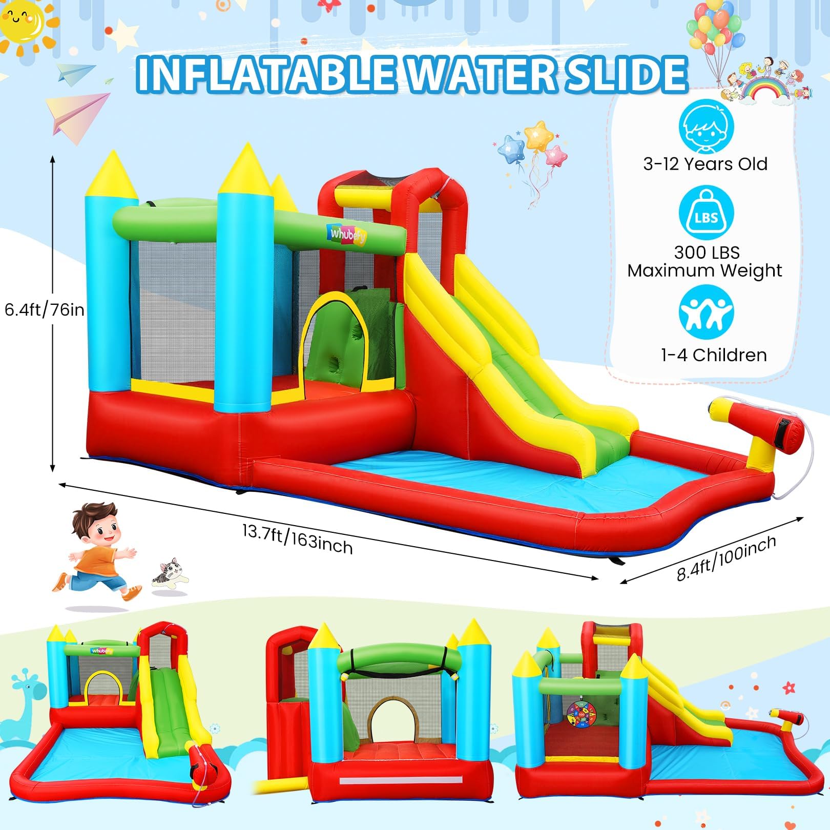Infaltable Water Slides for Kids Backyard with Splash Pool & Sprinklers, Bounce House Combo, Climbing Wall, Kids Inflatable Water Park for Ages 3-12