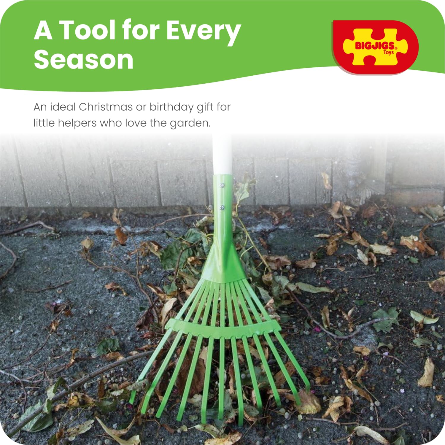 Bigjigs Toys Children's Long Handled Gardening Leaf Rake with Wood Handle
