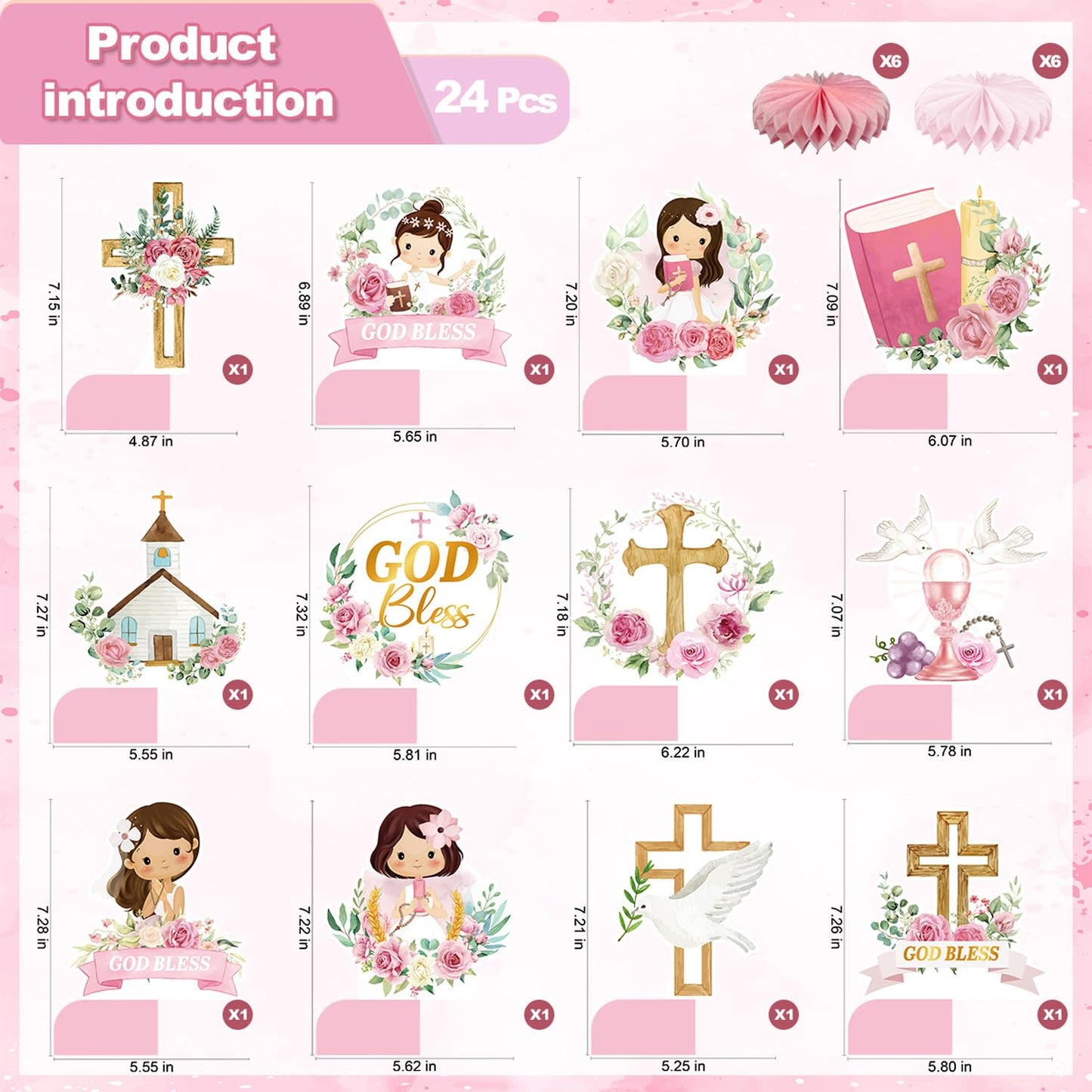 24Pcs Baptism Decorations for Girls, Pink Floral Baptism Centerpieces for Tables, Baptism Decor Honeycomb Centerpiece Double Sided Table Toppers