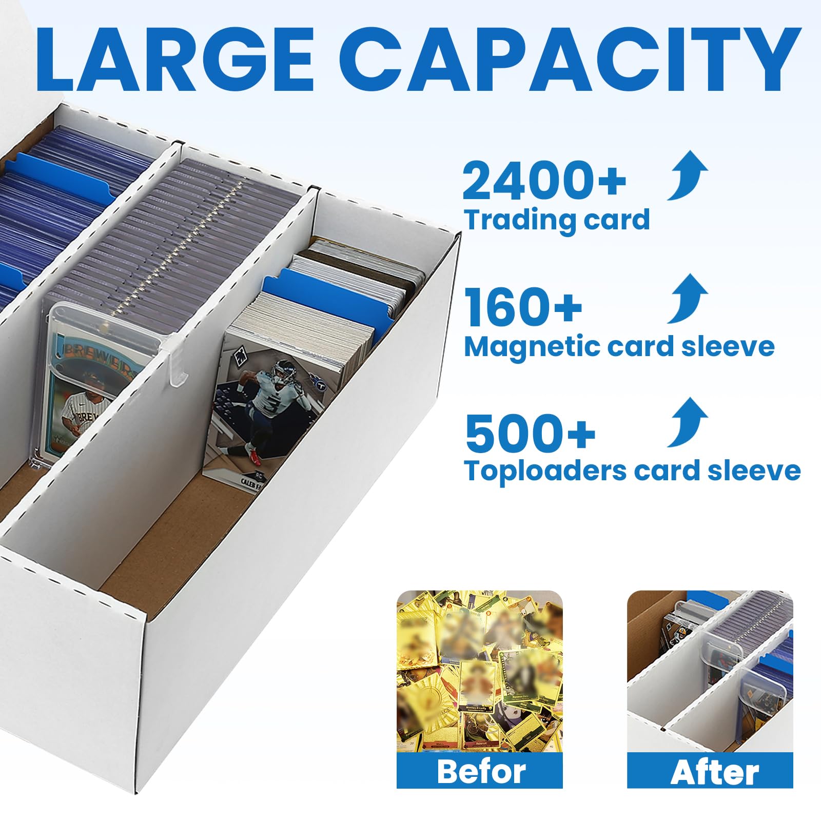 MZONGZI 3 Row Trading Card Storage Box - Holds 2400 Cards, Fits Toploaders & Magnetic Cases, Includes 50 Sleeves, 8 Dividers & 3 Supports - Sport Card
