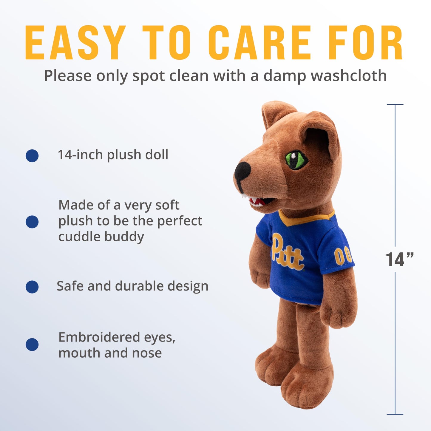 Playtime by Eimmie 14" Pitt Panther Plush Doll - Soft Rag Doll Mascot for College Football Fans, Sports-Themed Plush Figure for Kids, Toddlers