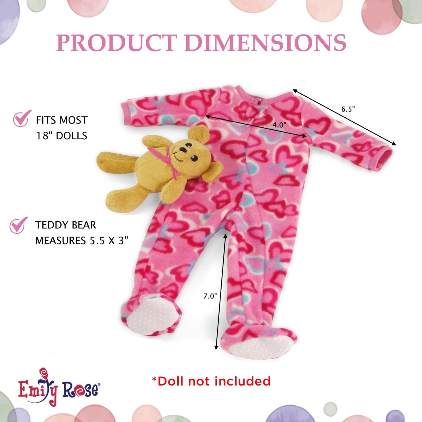 18 Inch Doll Pajamas Set Pink Heart Onesie PJ Outfit - Emily Rose Doll Sleeping Outfit with Teddy Bear Companion - Doll NOT Included - Fits American